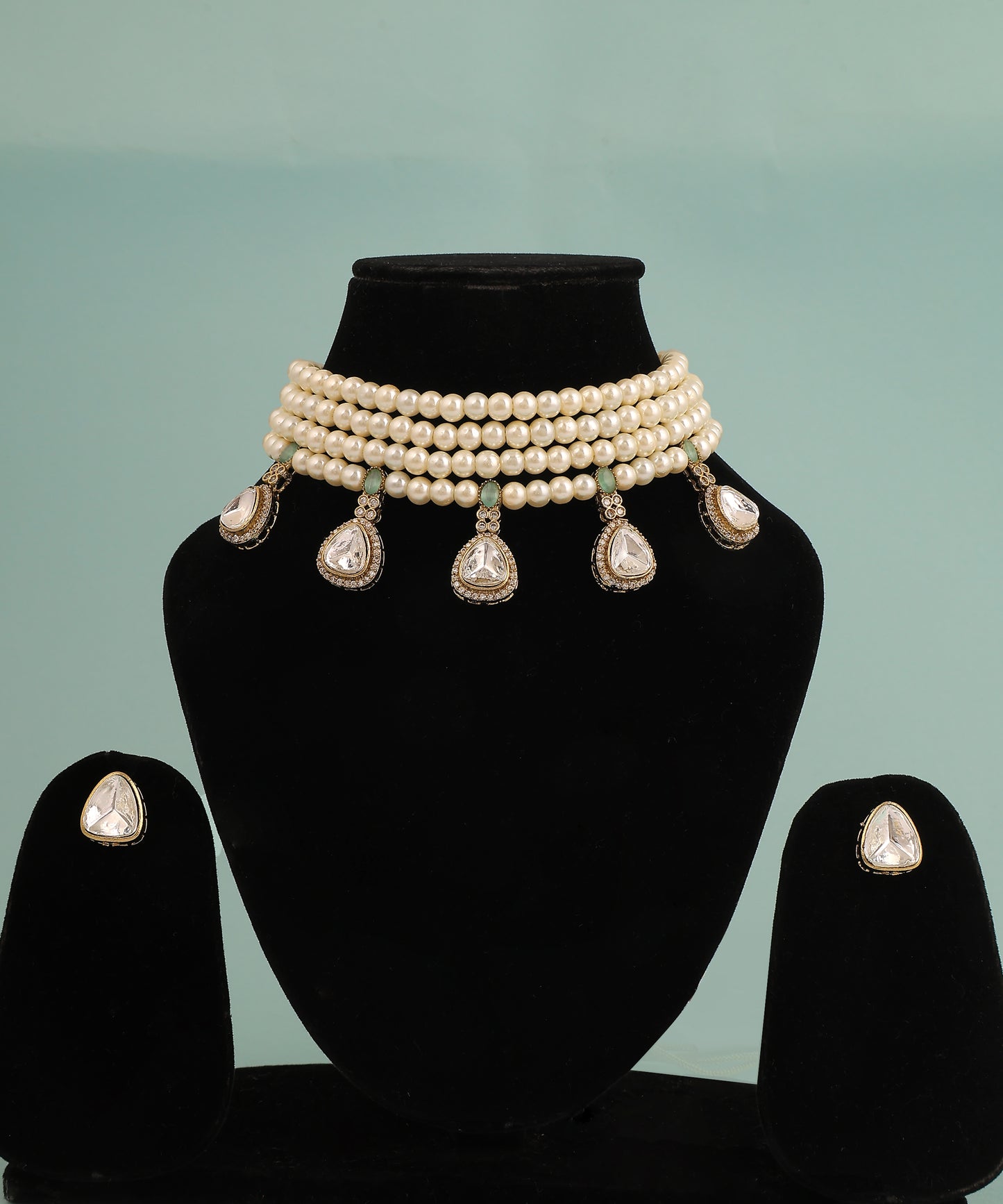 Multilayered Pearl Choker With Polki Drops