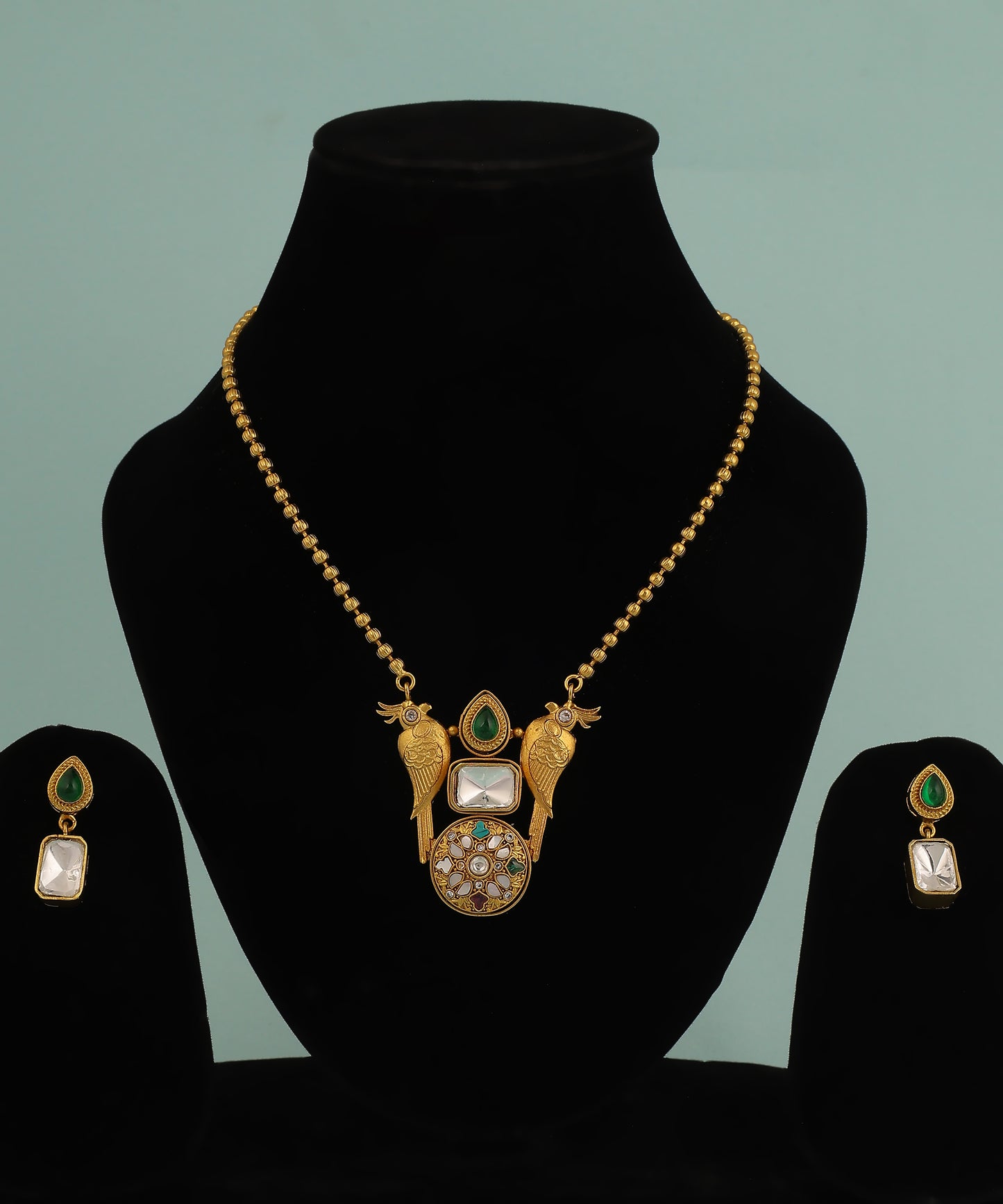 Bird Design Inspired Polki Gold Long Chain Necklace