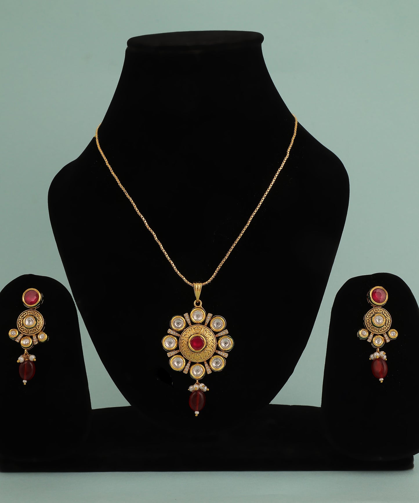Ruby And Kundan Gold Plated Big Pendant Necklace