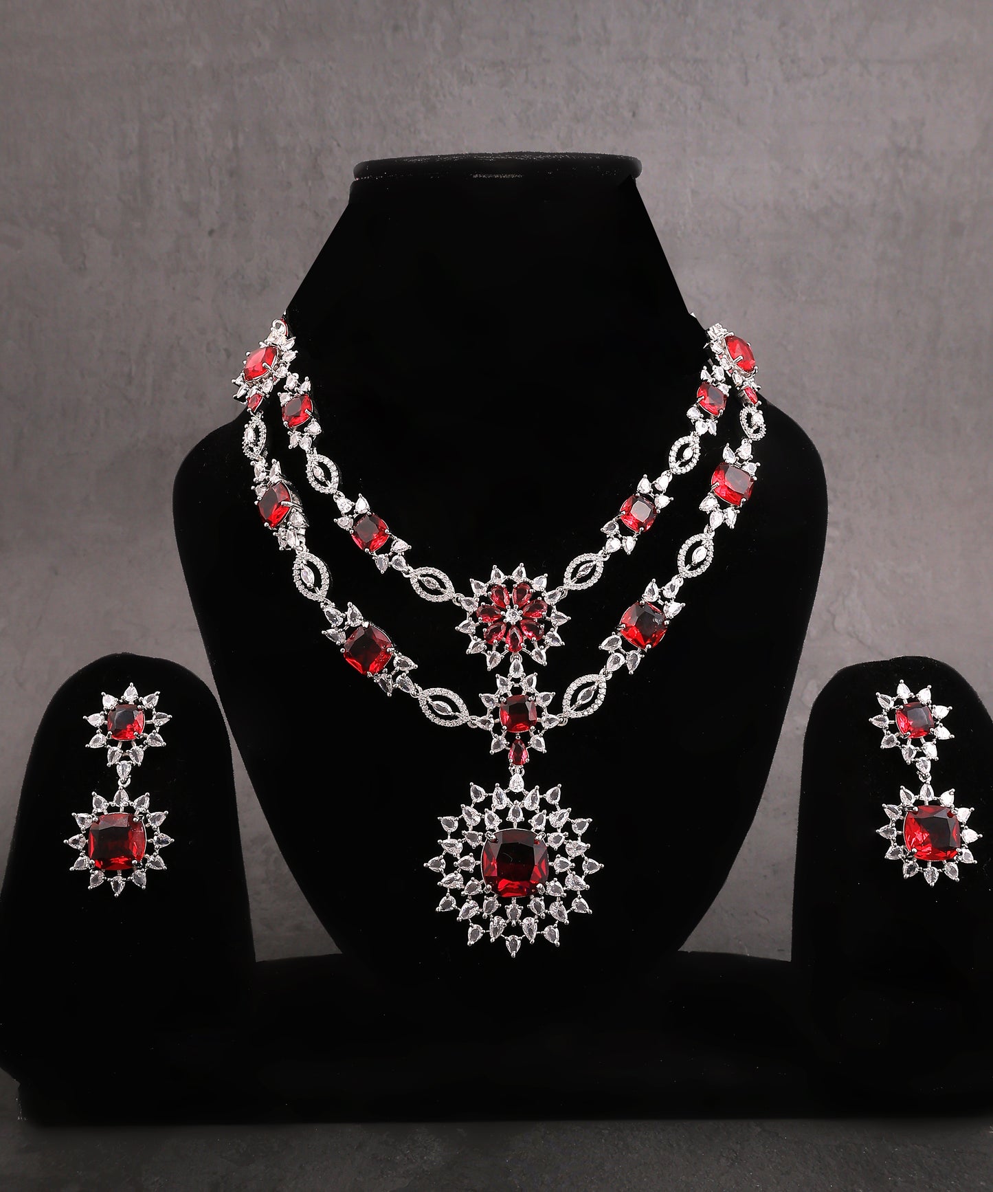 Ruby Double Layered Floral Artificial Diamond Necklace
