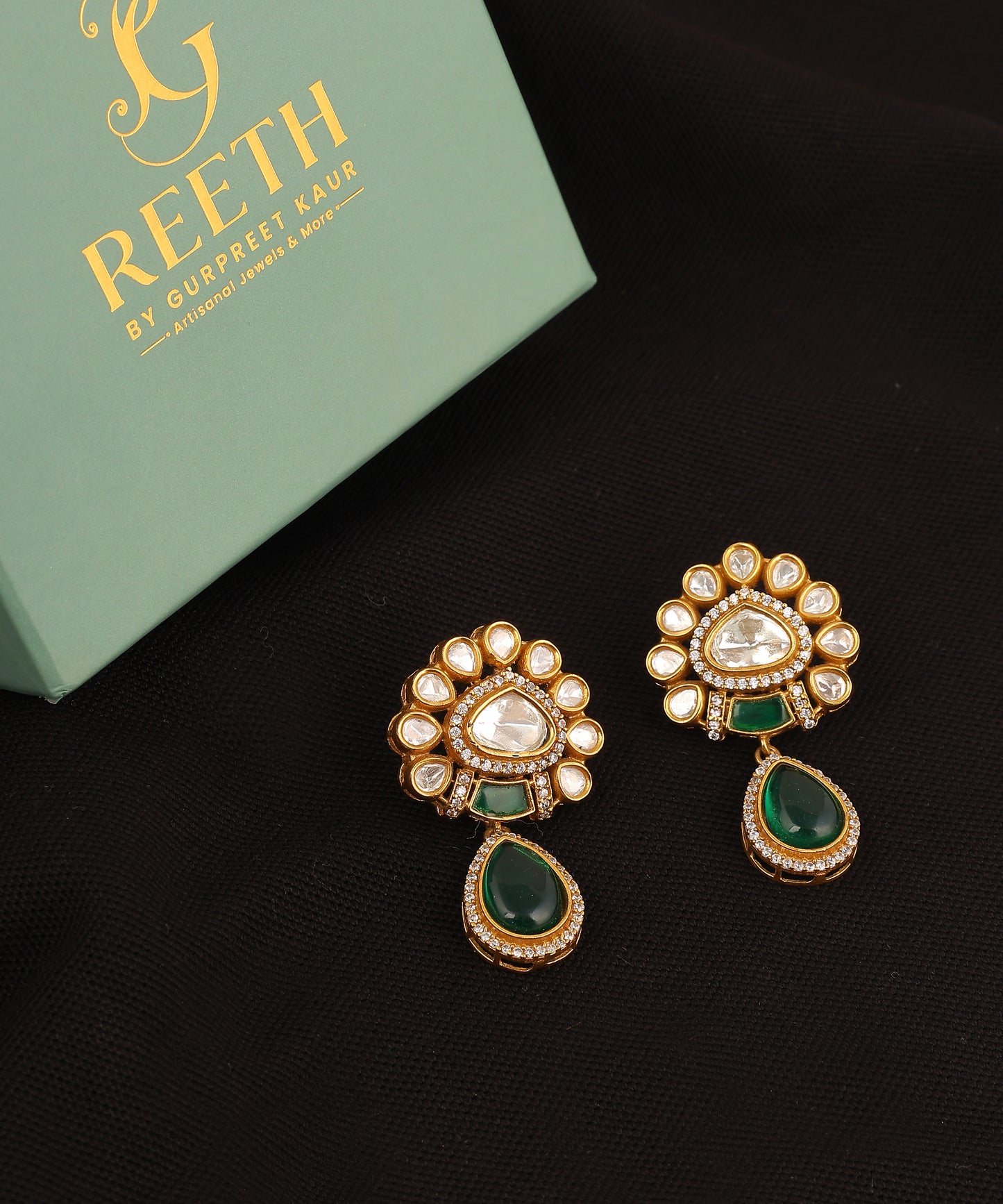 Polki Earrings With Emerald Drops