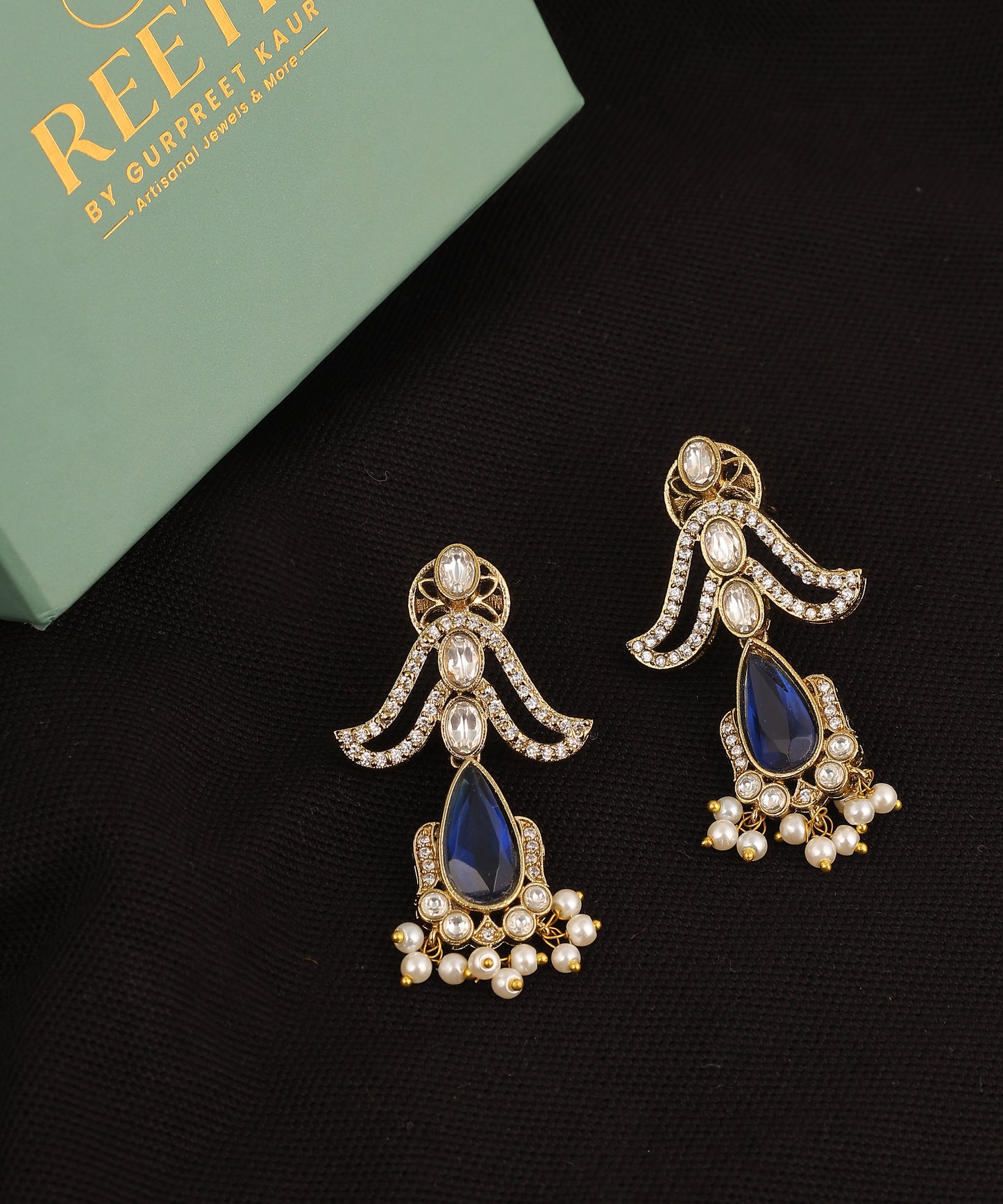 Polki And Pearl Drop Earrings With Sapphire Stone