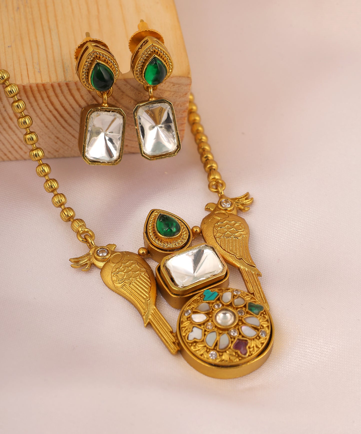 Bird Design Inspired Polki Gold Long Chain Necklace