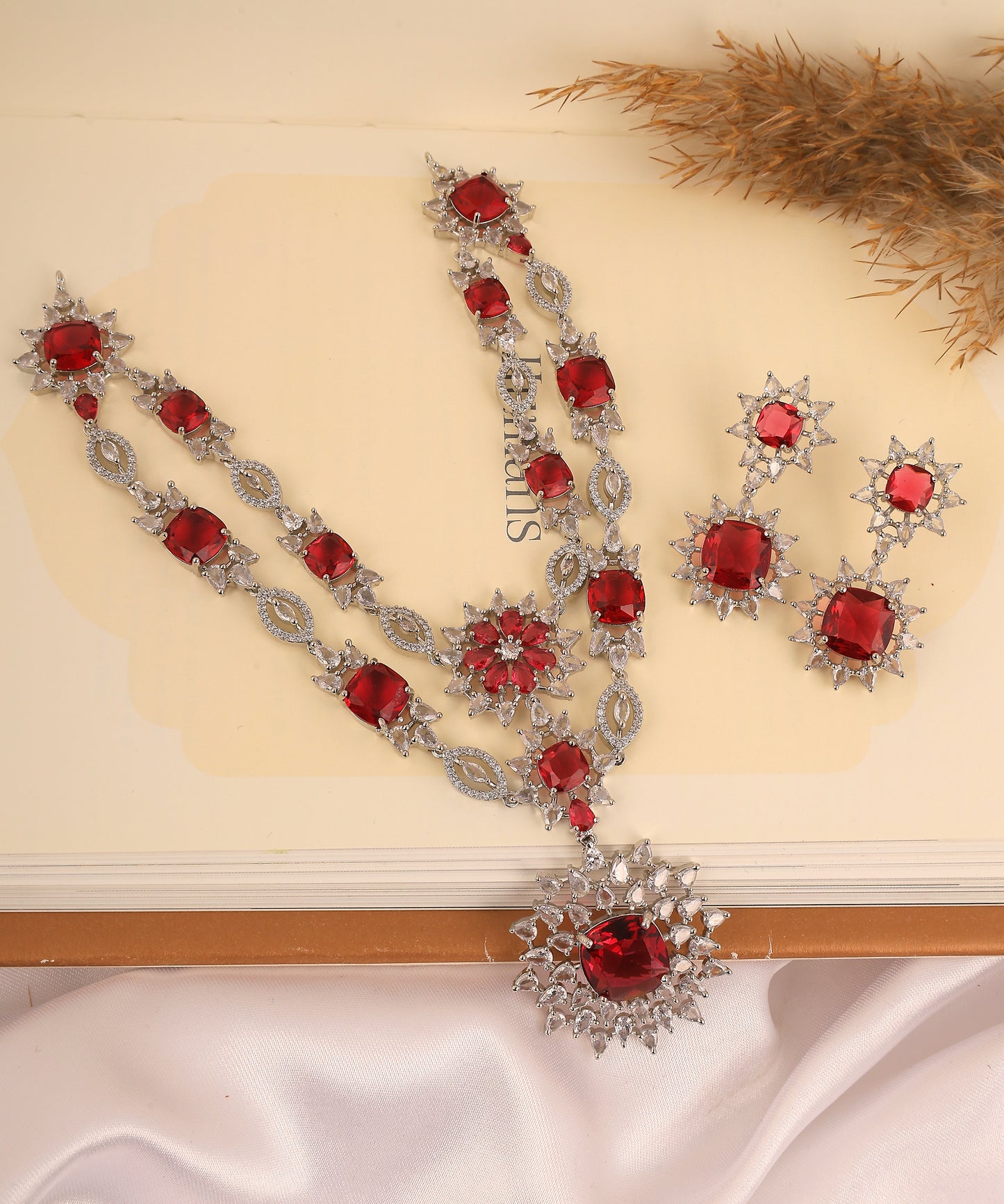 Ruby Double Layered Floral Artificial Diamond Necklace