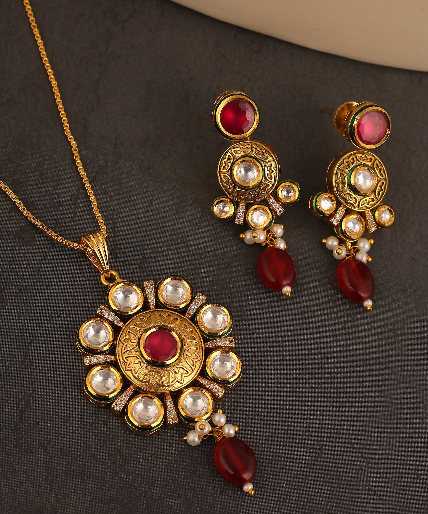 Ruby And Kundan Gold Plated Big Pendant Necklace