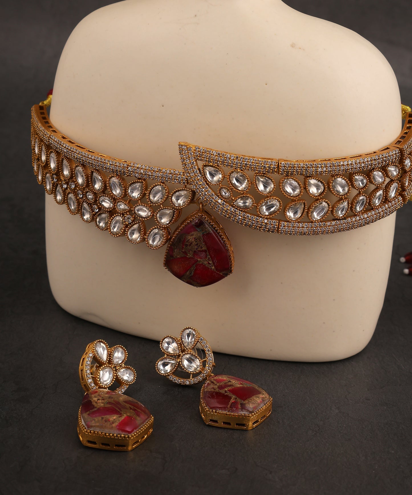 Avni Choker/Necklace Featuring Polki And Ruby Doublet Stone Drop