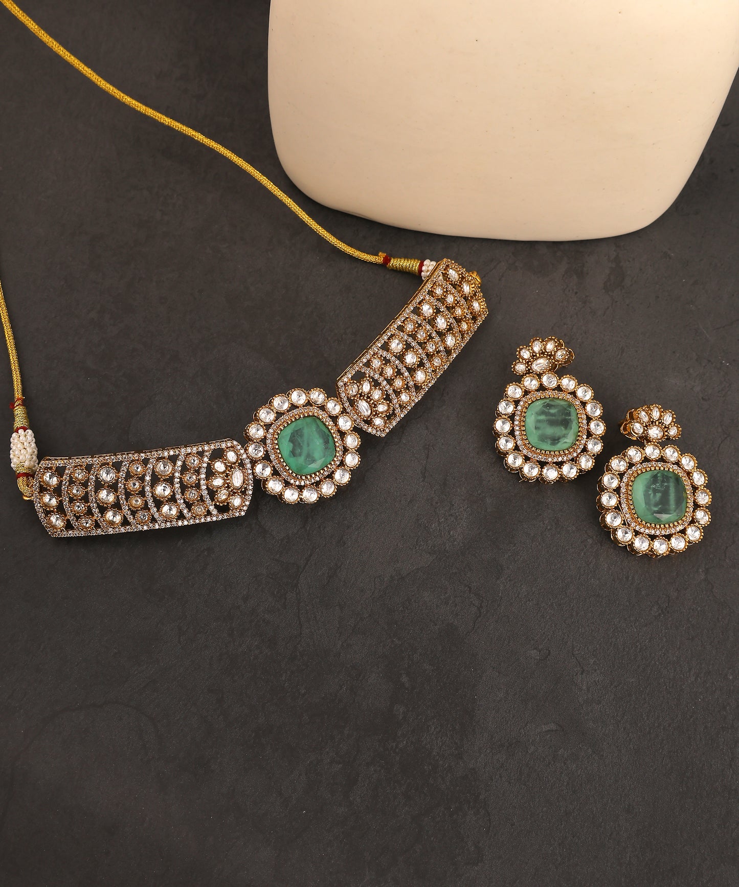 Polki Choker With Statement Mint Green Stone