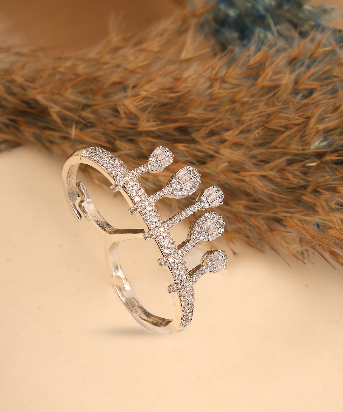 Crystal Studded Double Finger Silver Artificial Diamond Ring
