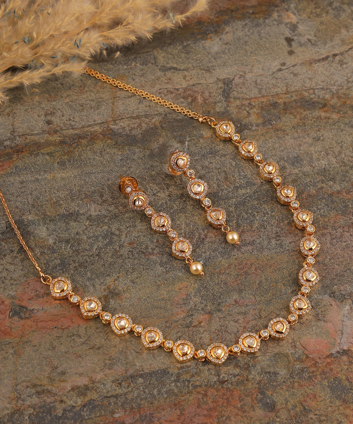 Sleek Polki Necklace With Long Drop Earrings