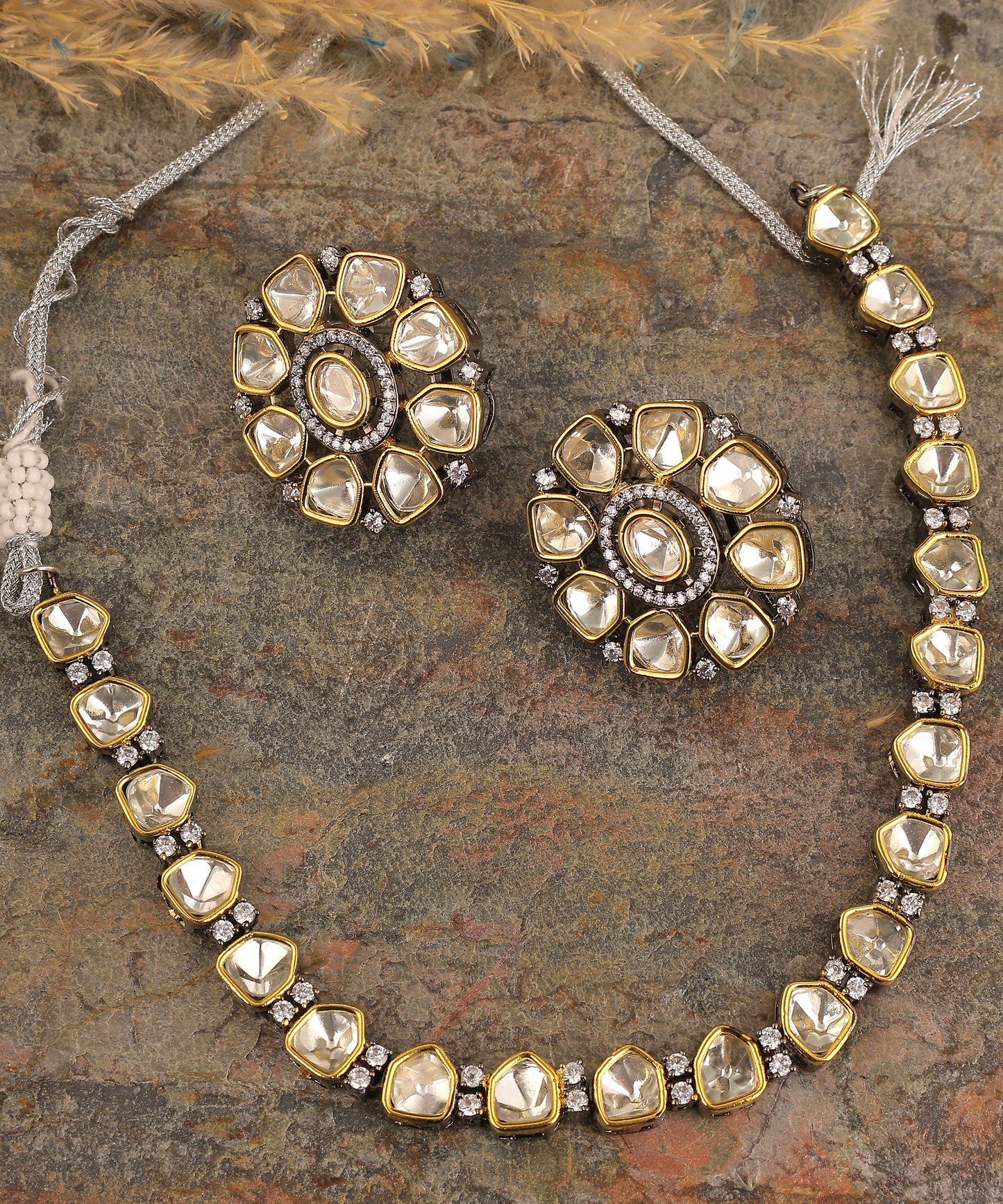 Sleek Polki Necklace In Oxidised Gold Finish