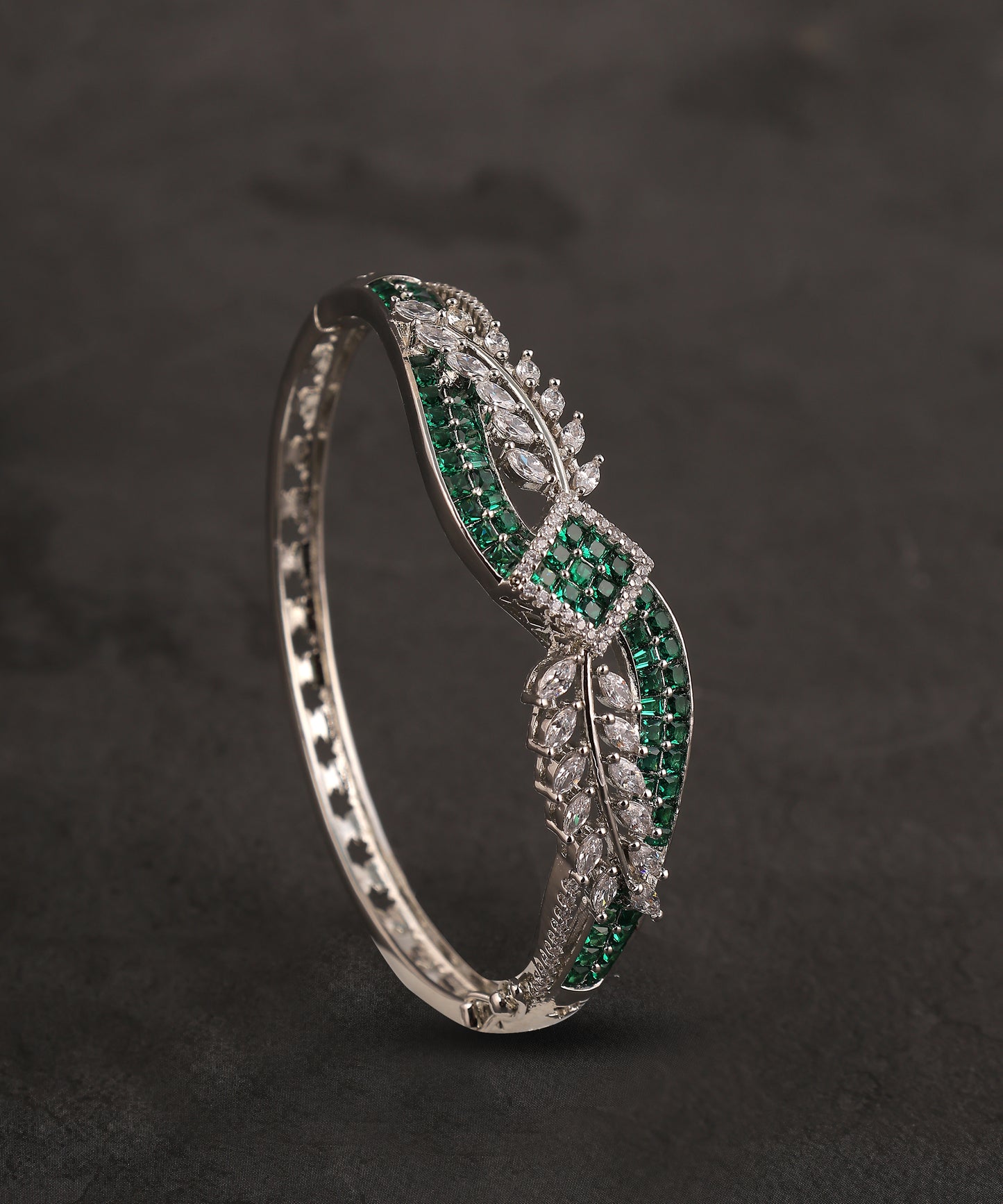 Emerald Stones And Crystal Studded Artificial Diamond Bracelet