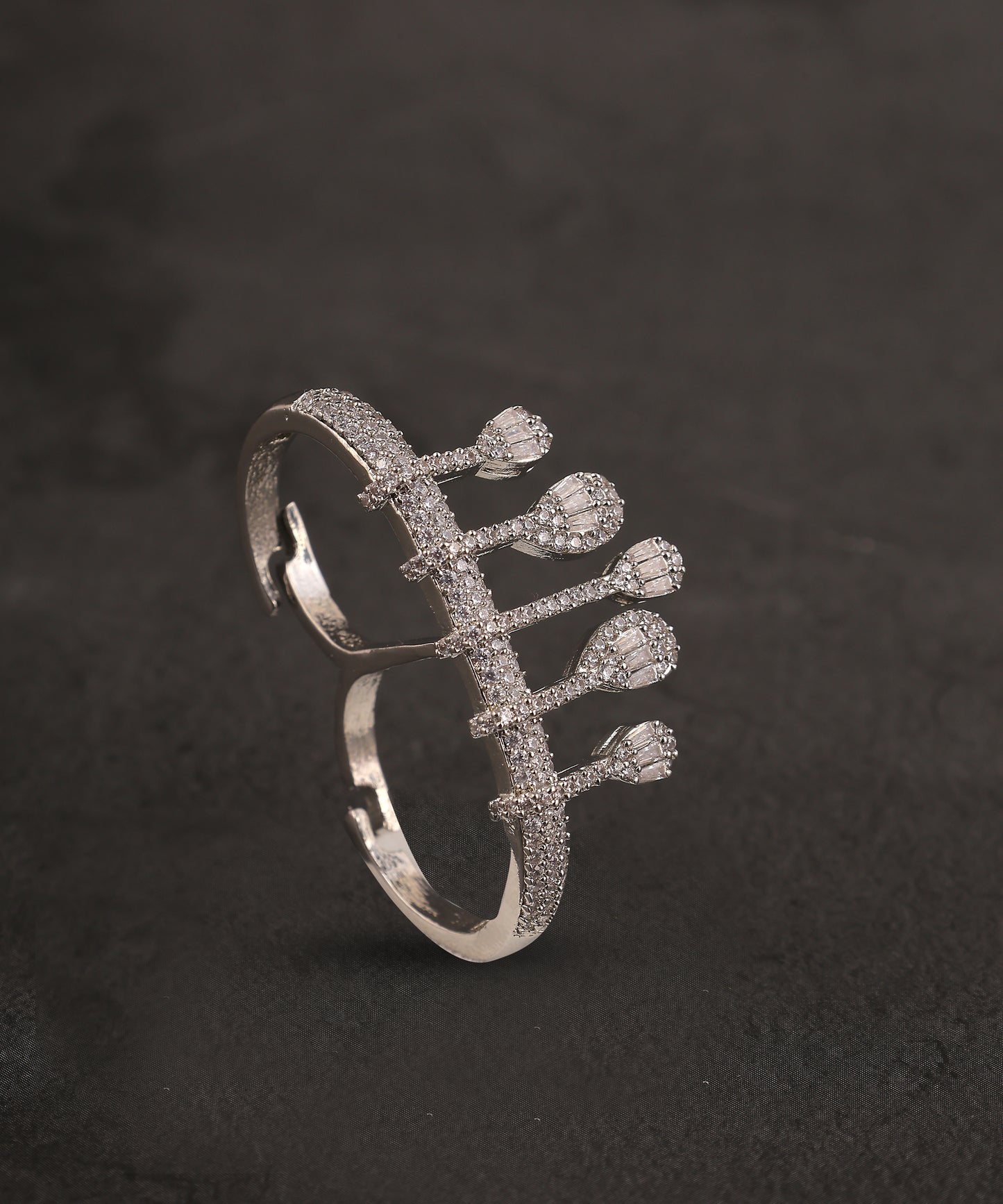 Crystal Studded Double Finger Silver Artificial Diamond Ring