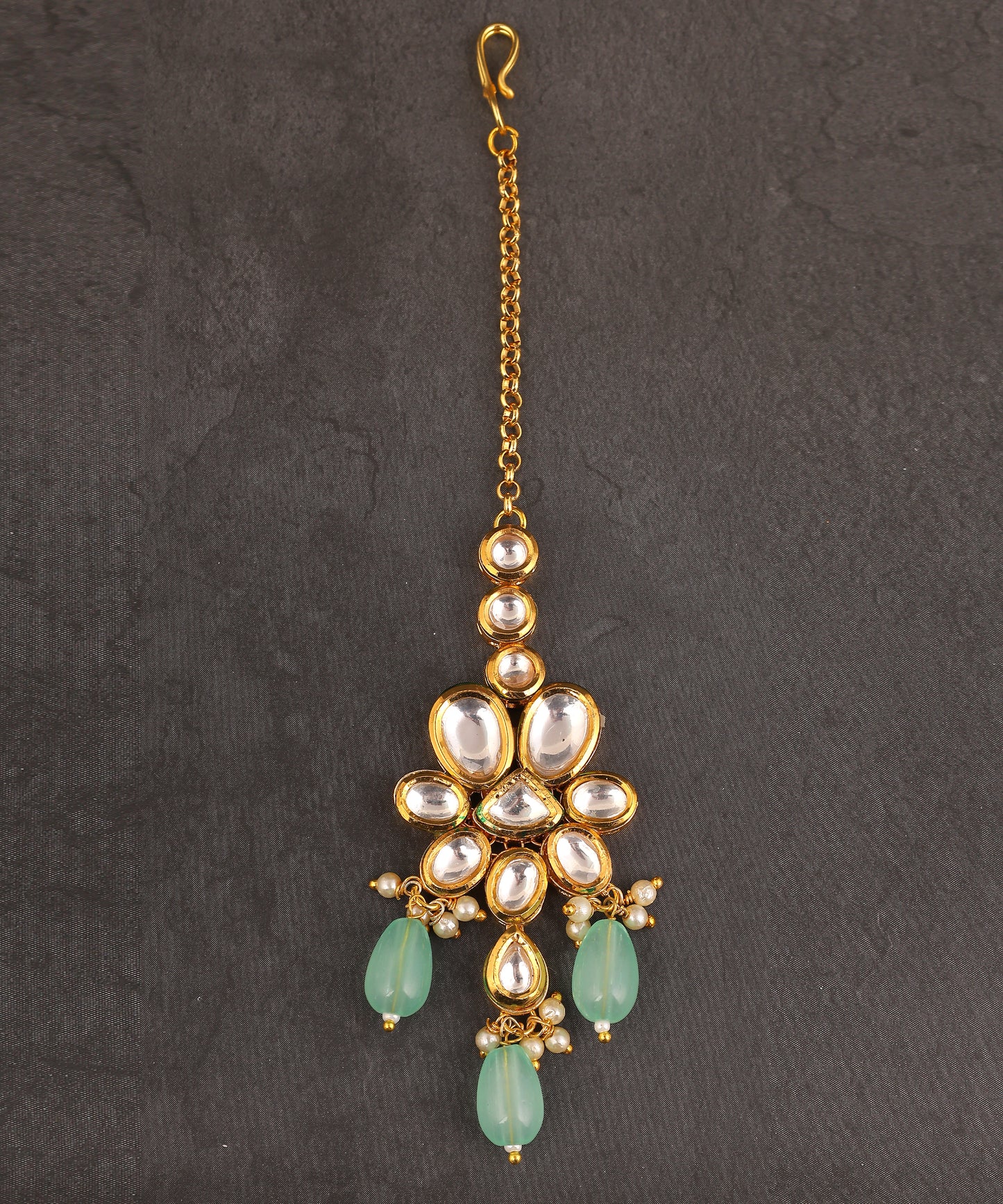 Kundan And Mint Green Drops Maangtikka