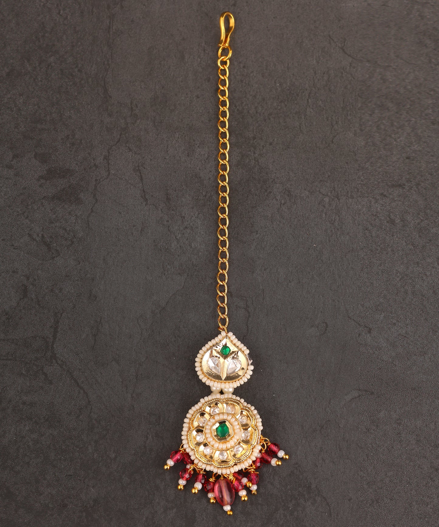 Kundan And Pearl Ruby Drops Maangtikka