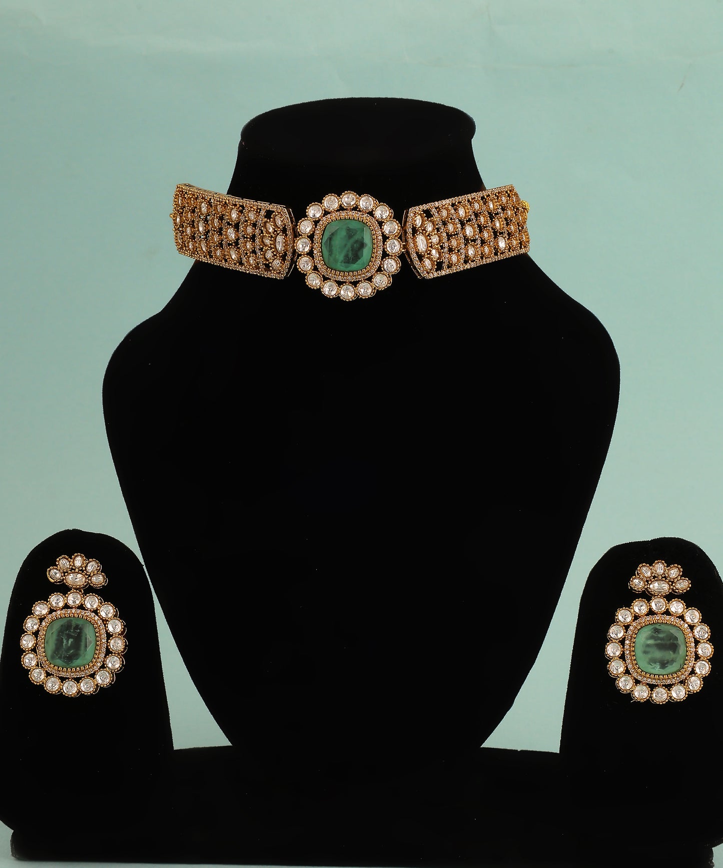 Polki Choker With Statement Mint Green Stone