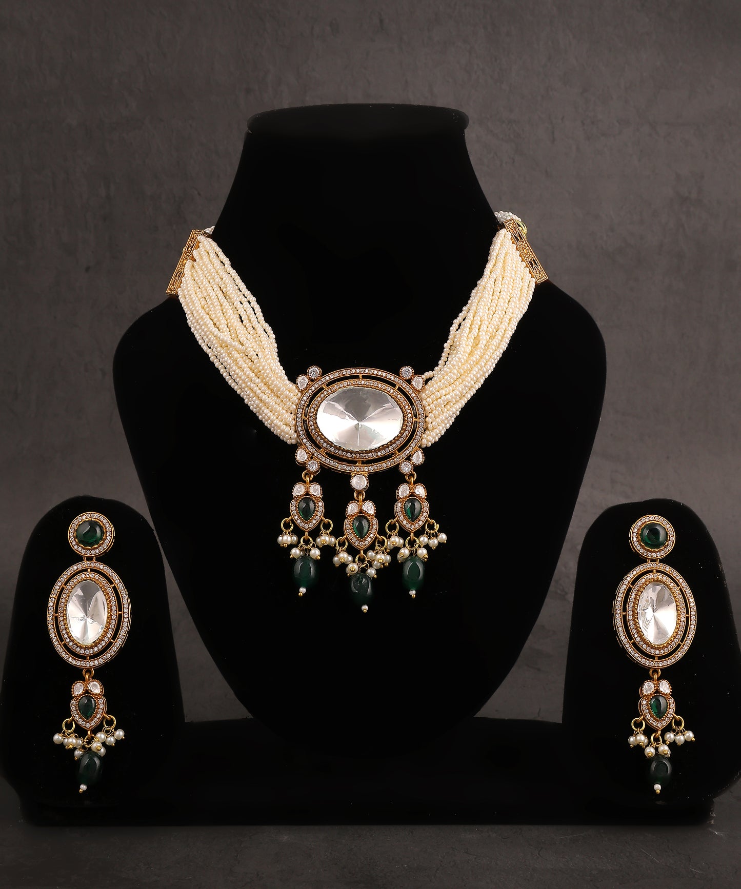 Polki Stone Necklace With Emerald And Pearl Drops