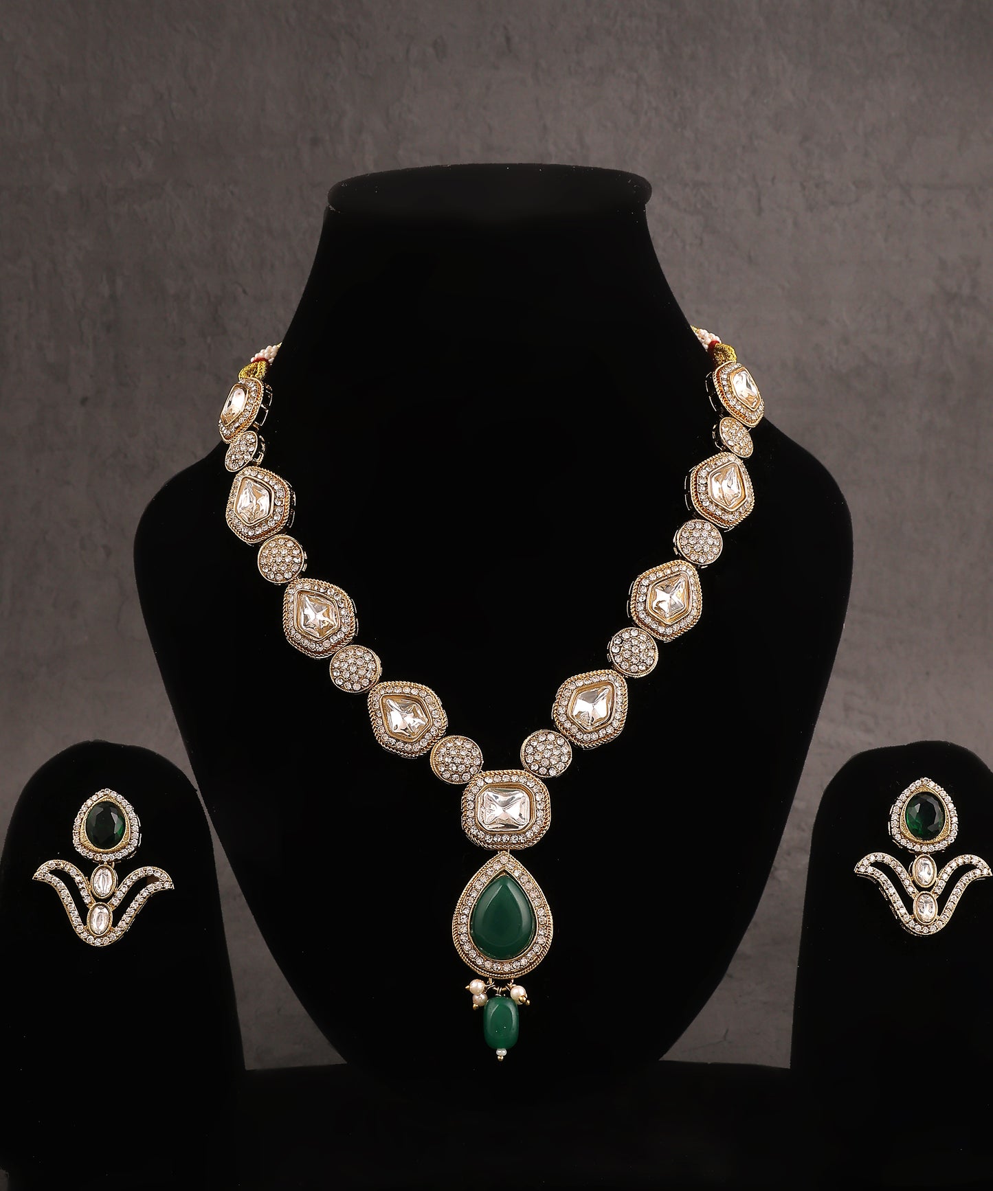 Polki And Stone Studded Emerald Drop Necklace
