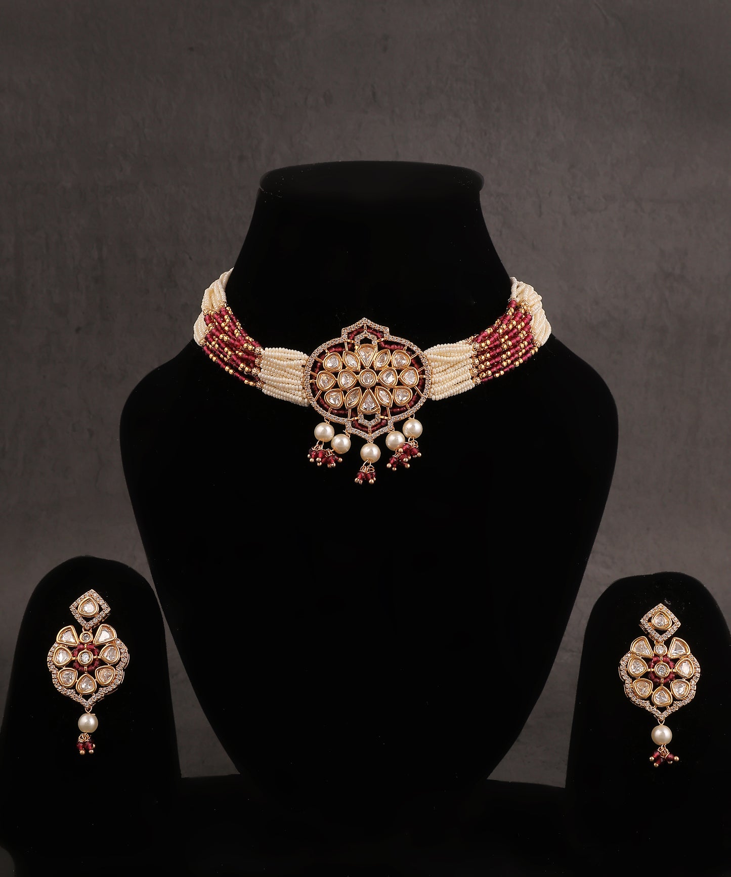 Ruby Beads And Polki Pearl Choker/Necklace