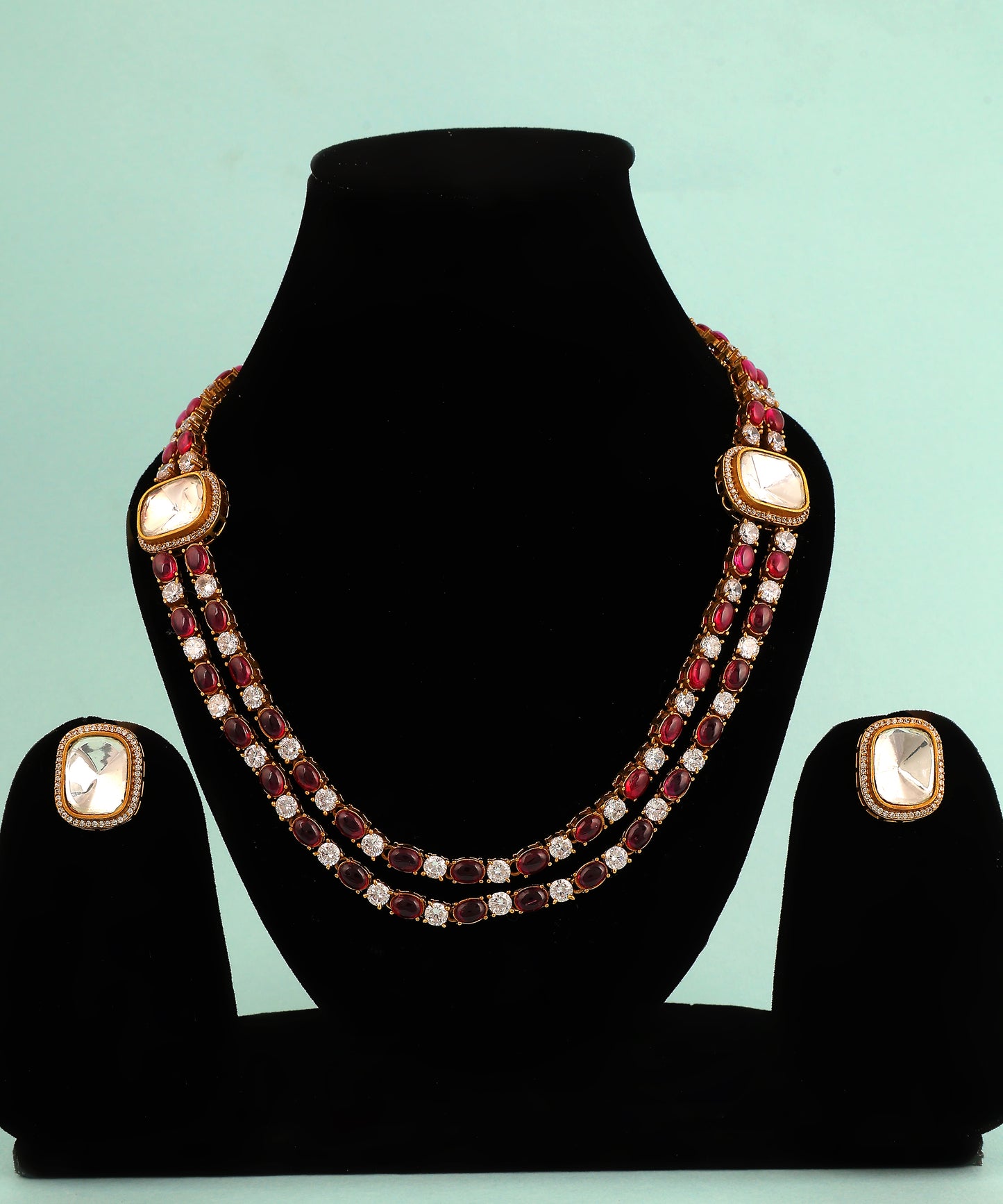 Heer Necklace Featuring Green Beads, Polki And Statement Jhumkas