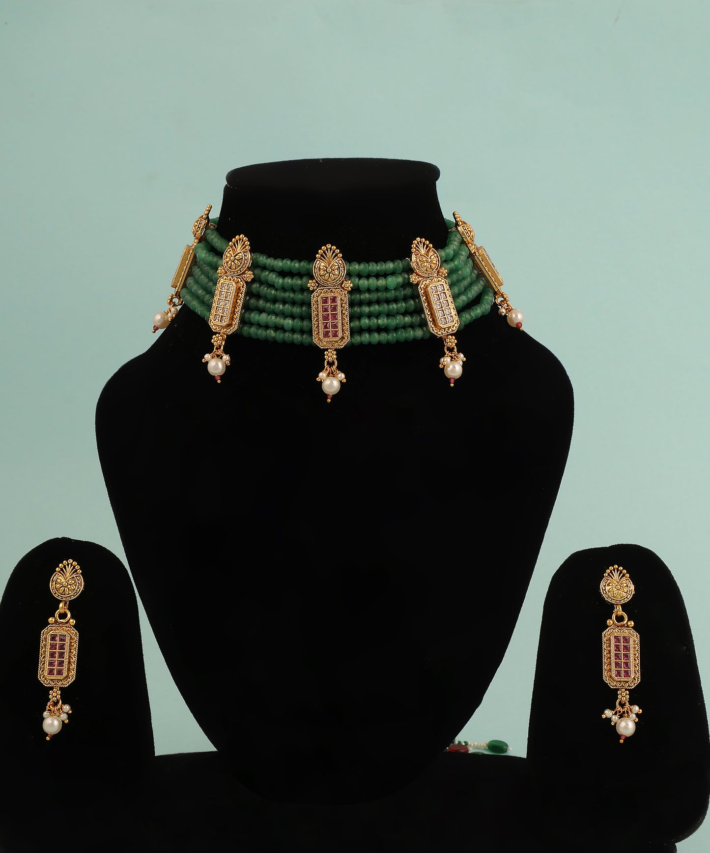 Majenta Beads And Polki Doube Layered Necklace