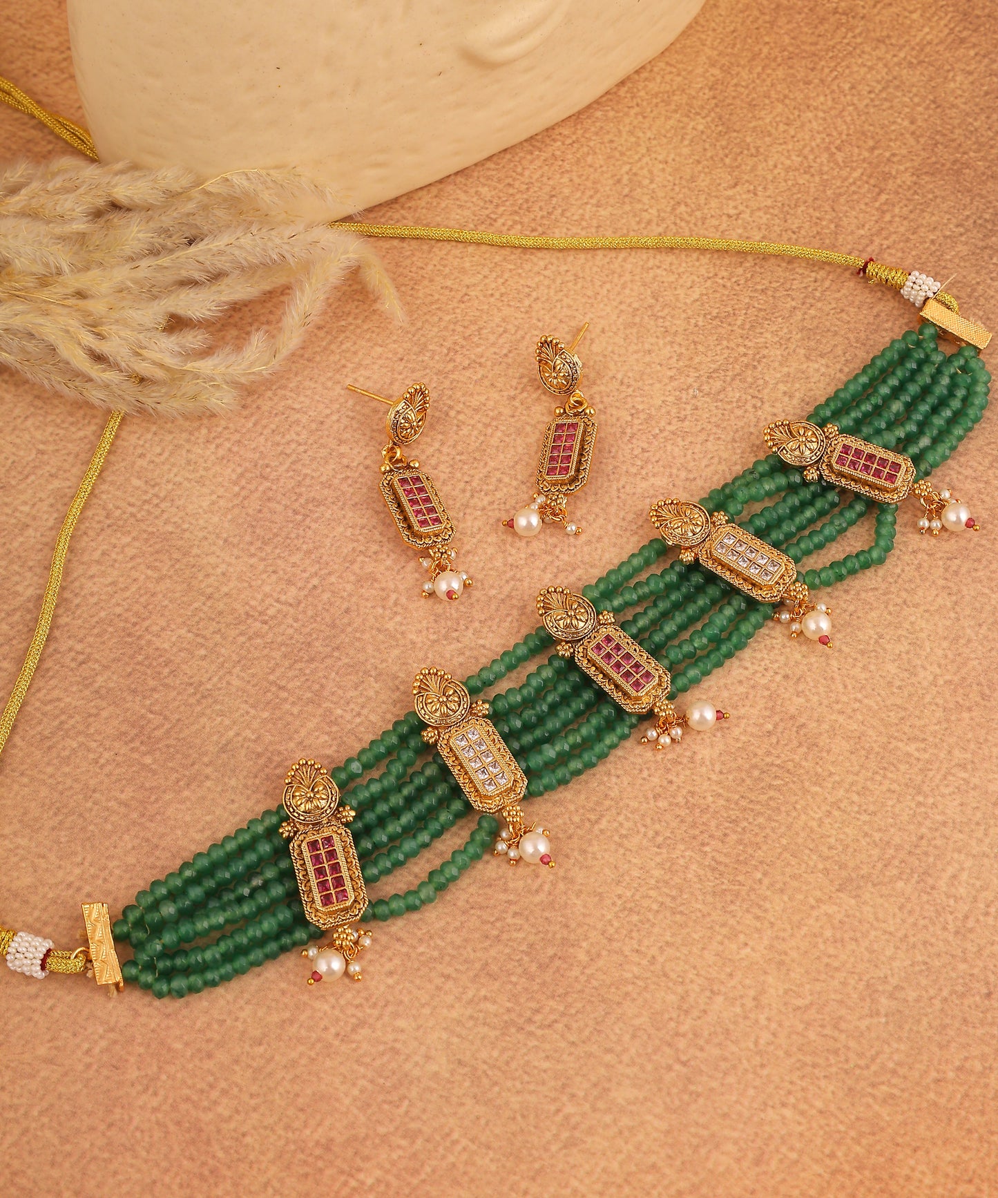 Majenta Beads And Polki Doube Layered Necklace