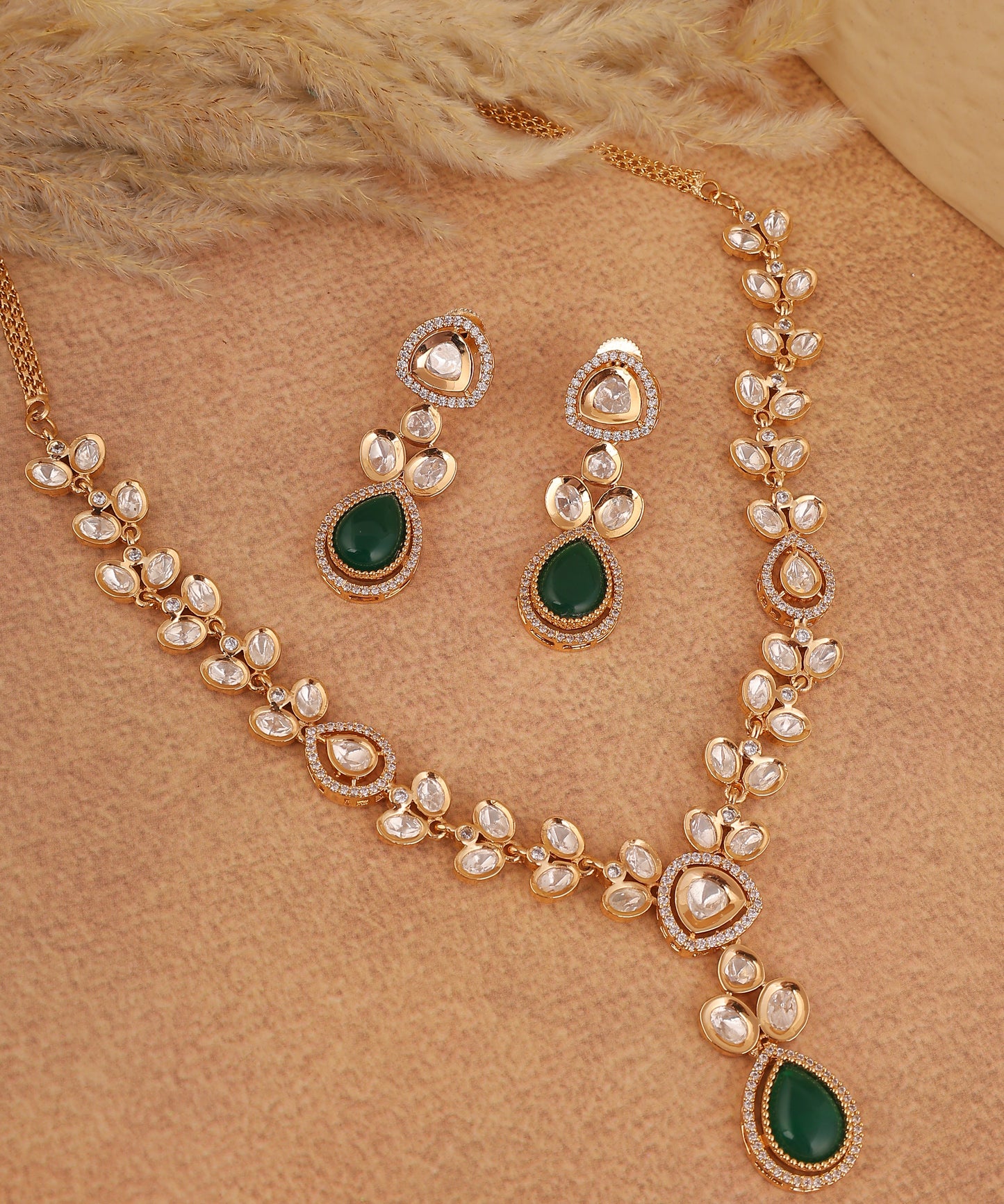 Polki Necklace With Statement Emerald Drop