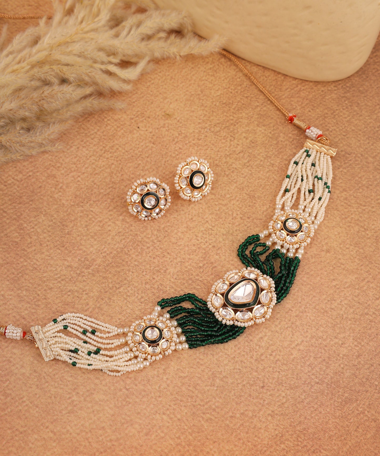 Green Beads And Pearl Polki Choker