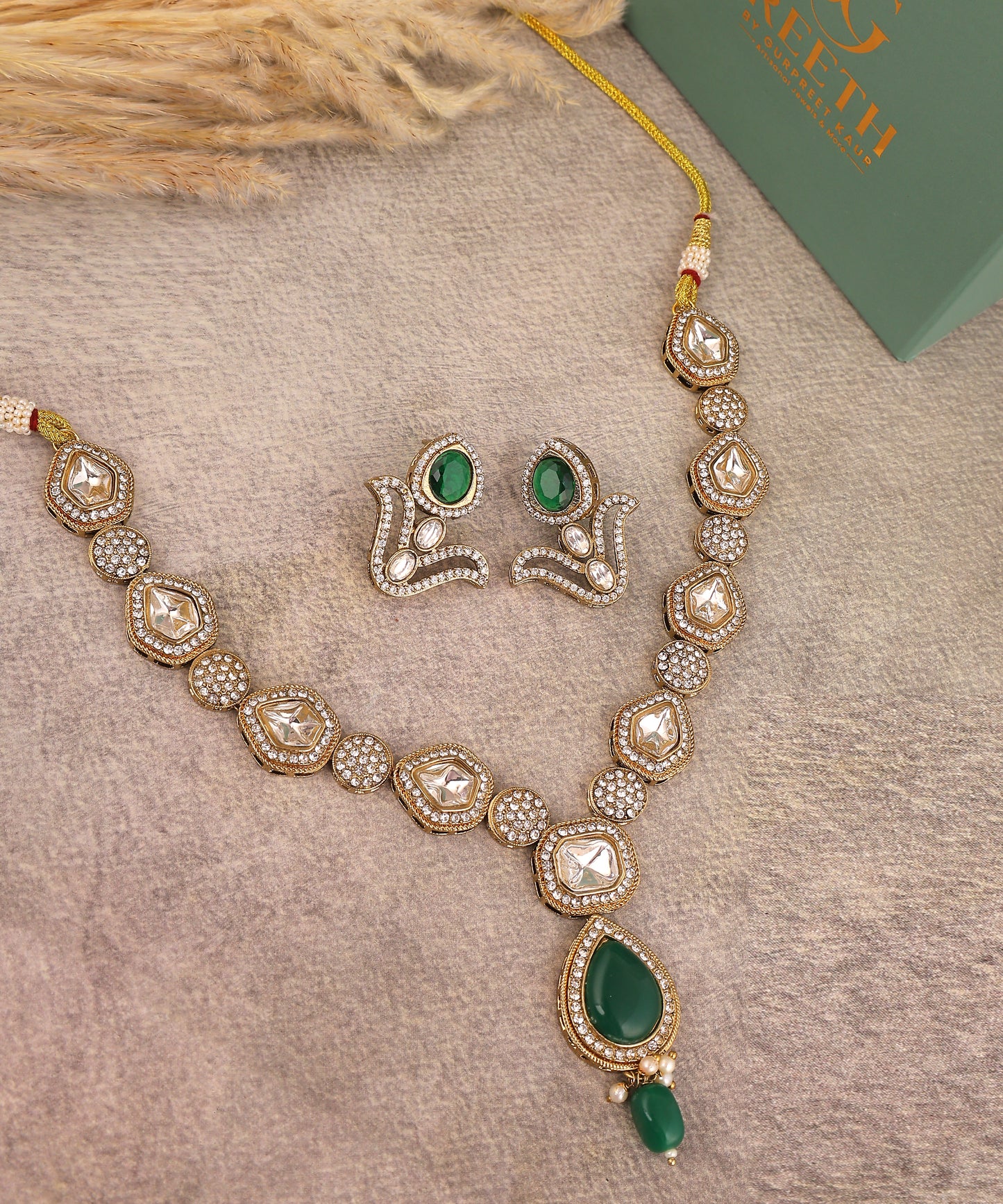 Polki And Stone Studded Emerald Drop Necklace
