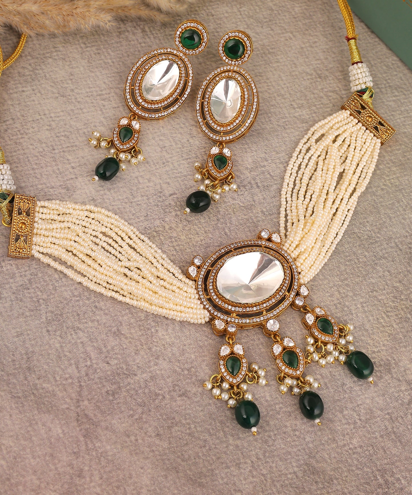 Polki Stone Necklace With Emerald And Pearl Drops