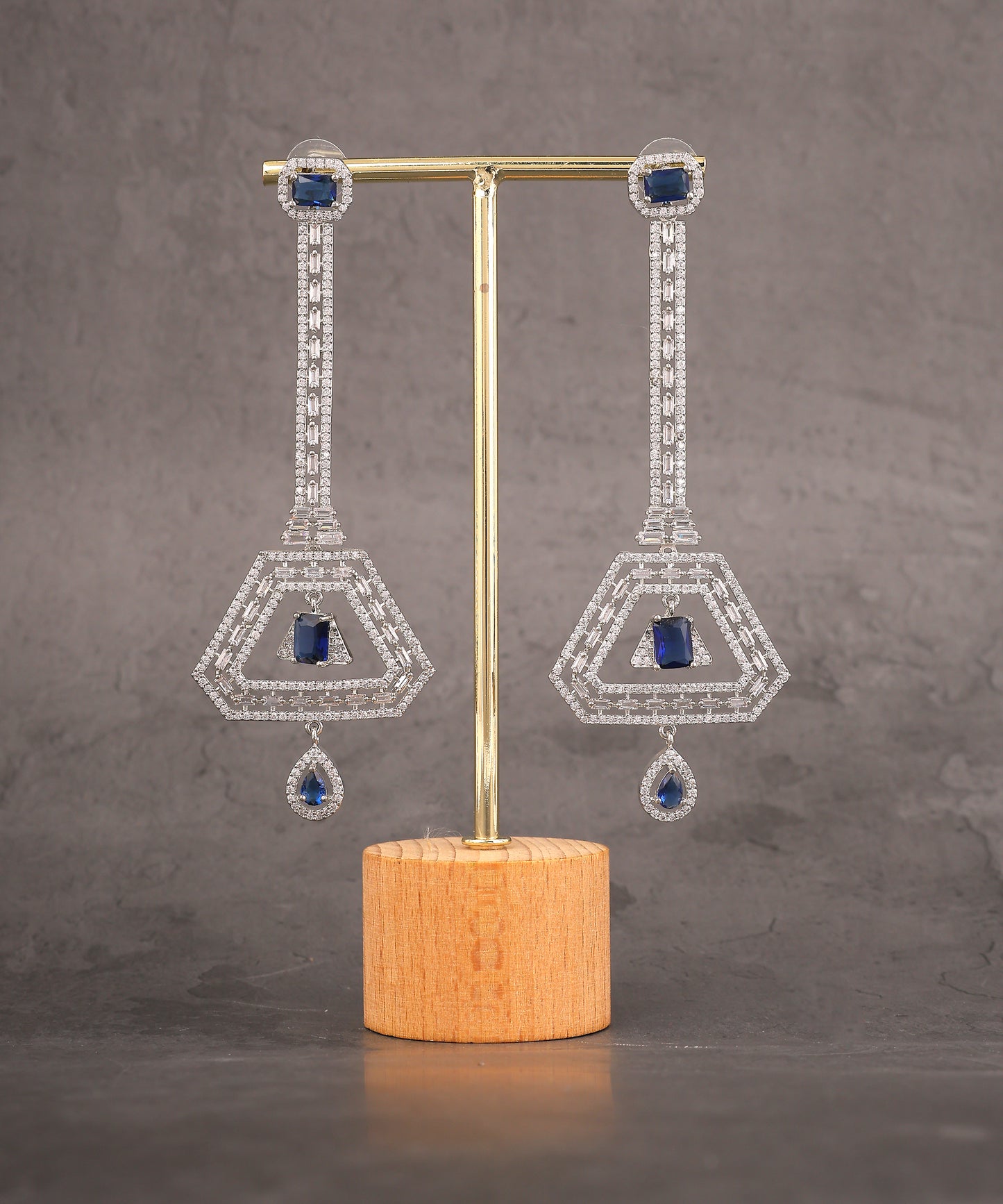 Long And Slender Sapphire And Crystal Studded Statement Earrings