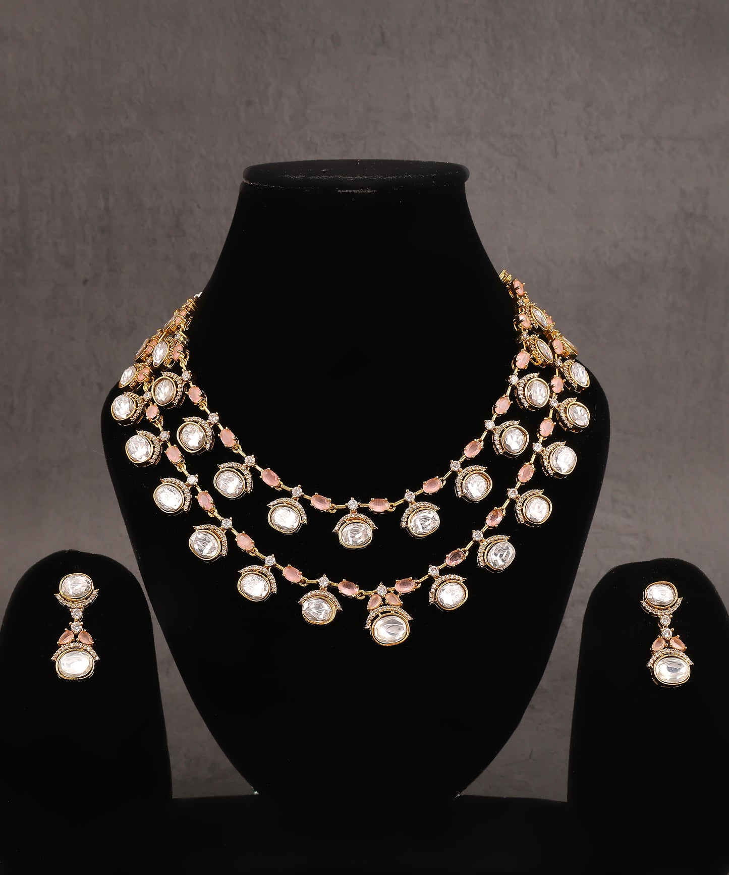 Double Layered Baby Pink Stone Studded And Polki Drops Necklace