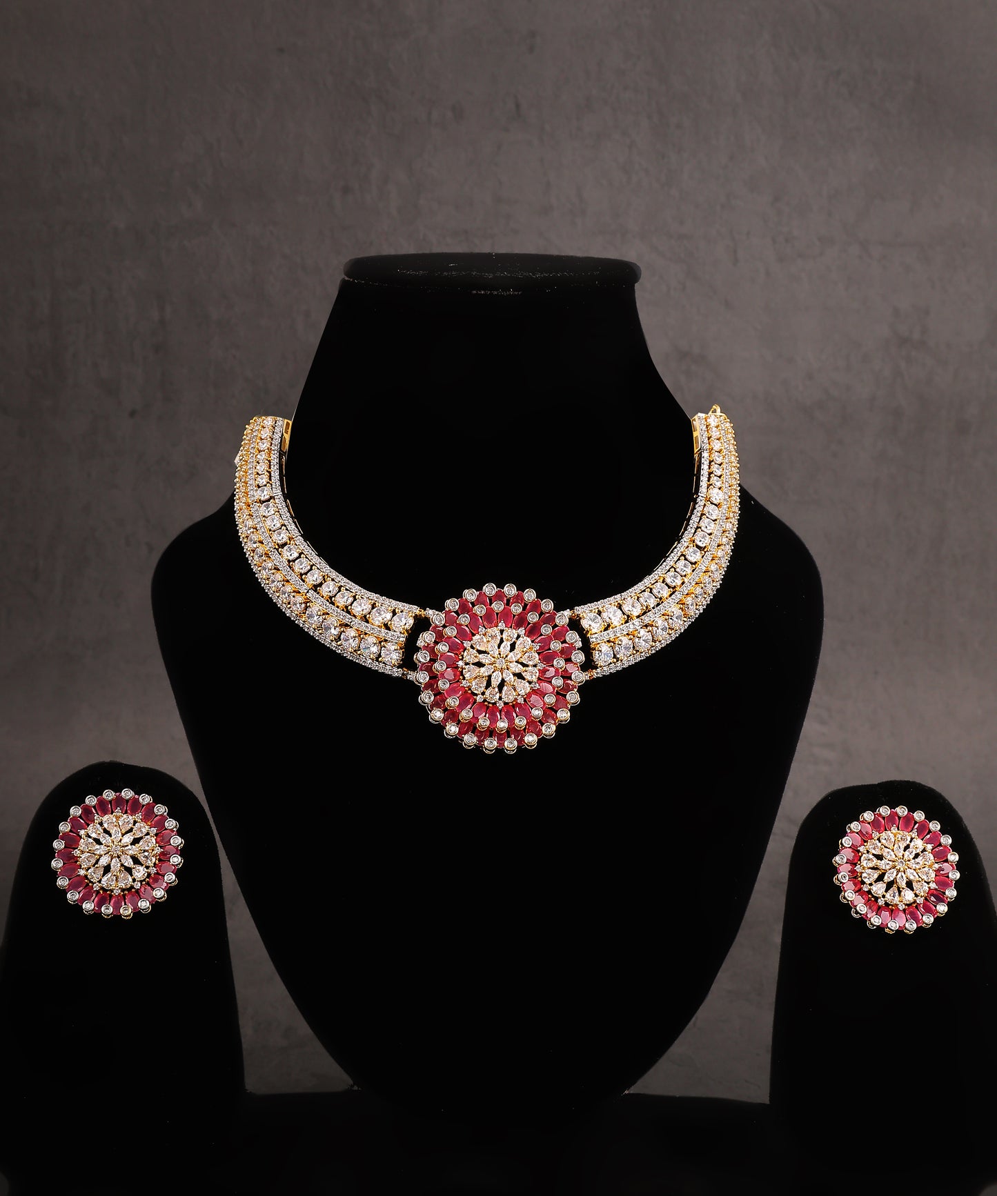 Gold Plated Crystal And Ruby Stones Studded Collar Artificial Diamond Necklace