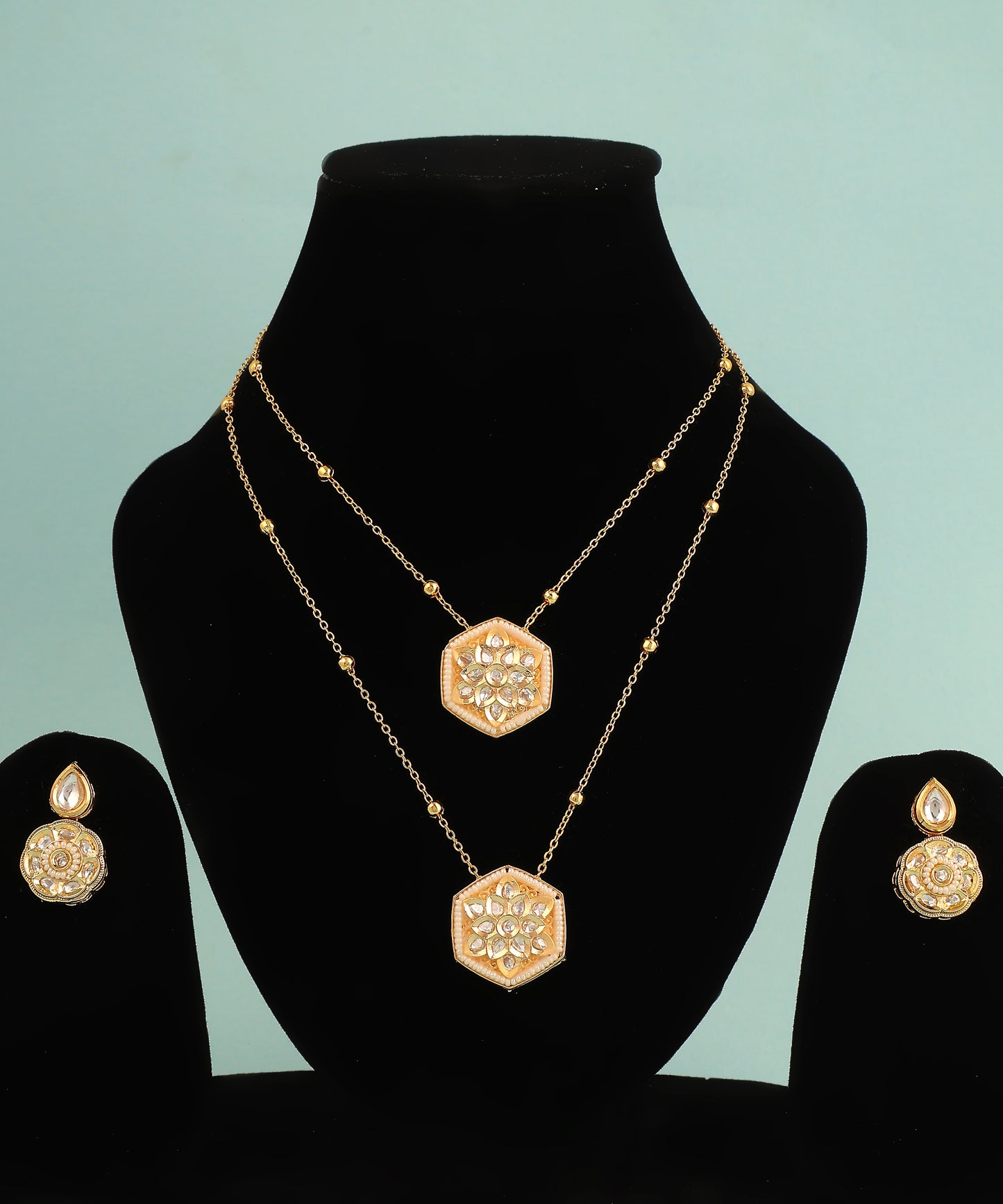 Double Chain Layered Kundan Pendant Necklace