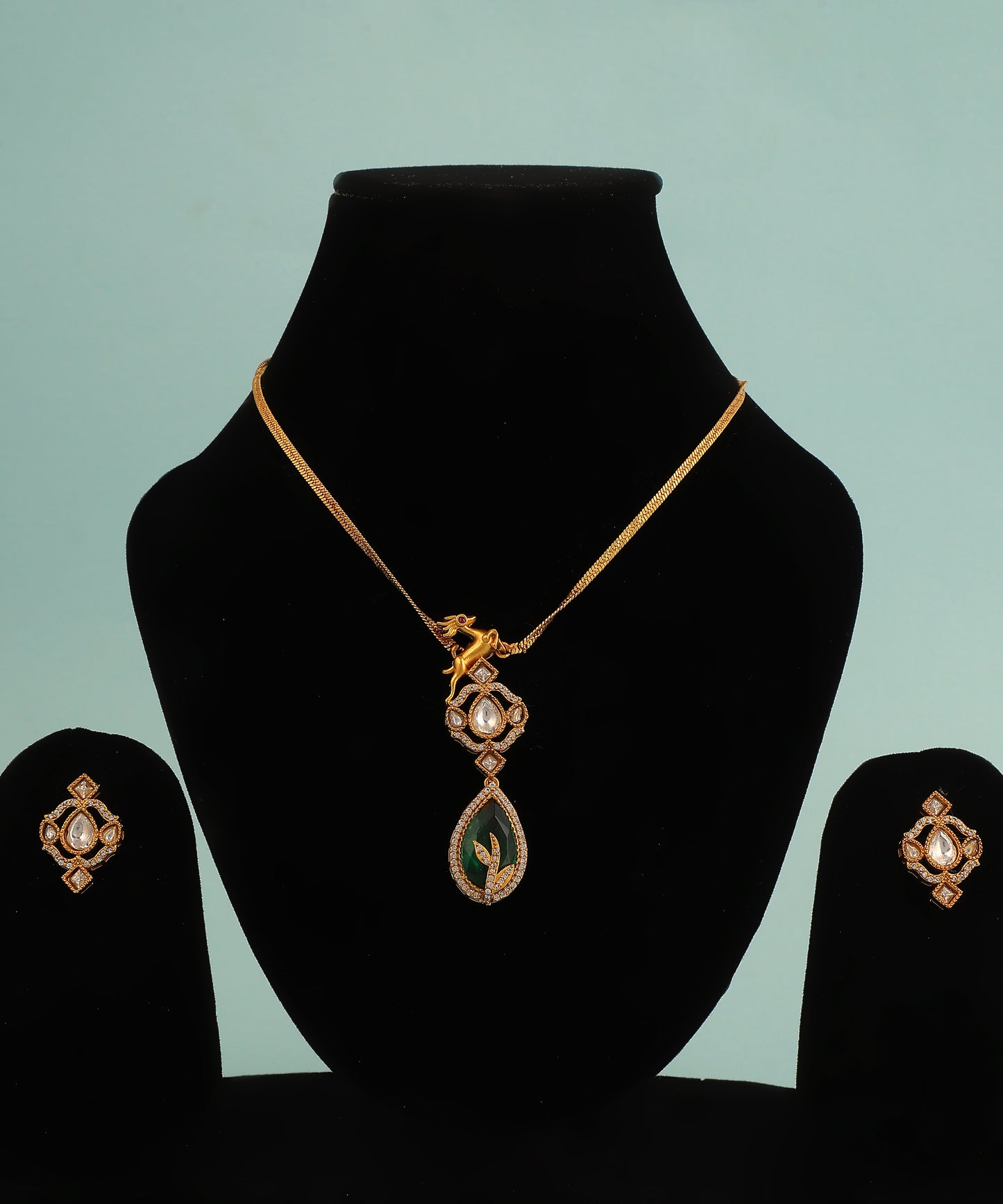 Emerald Leaf Pattered Drop Pendant Set/Necklace With Studs