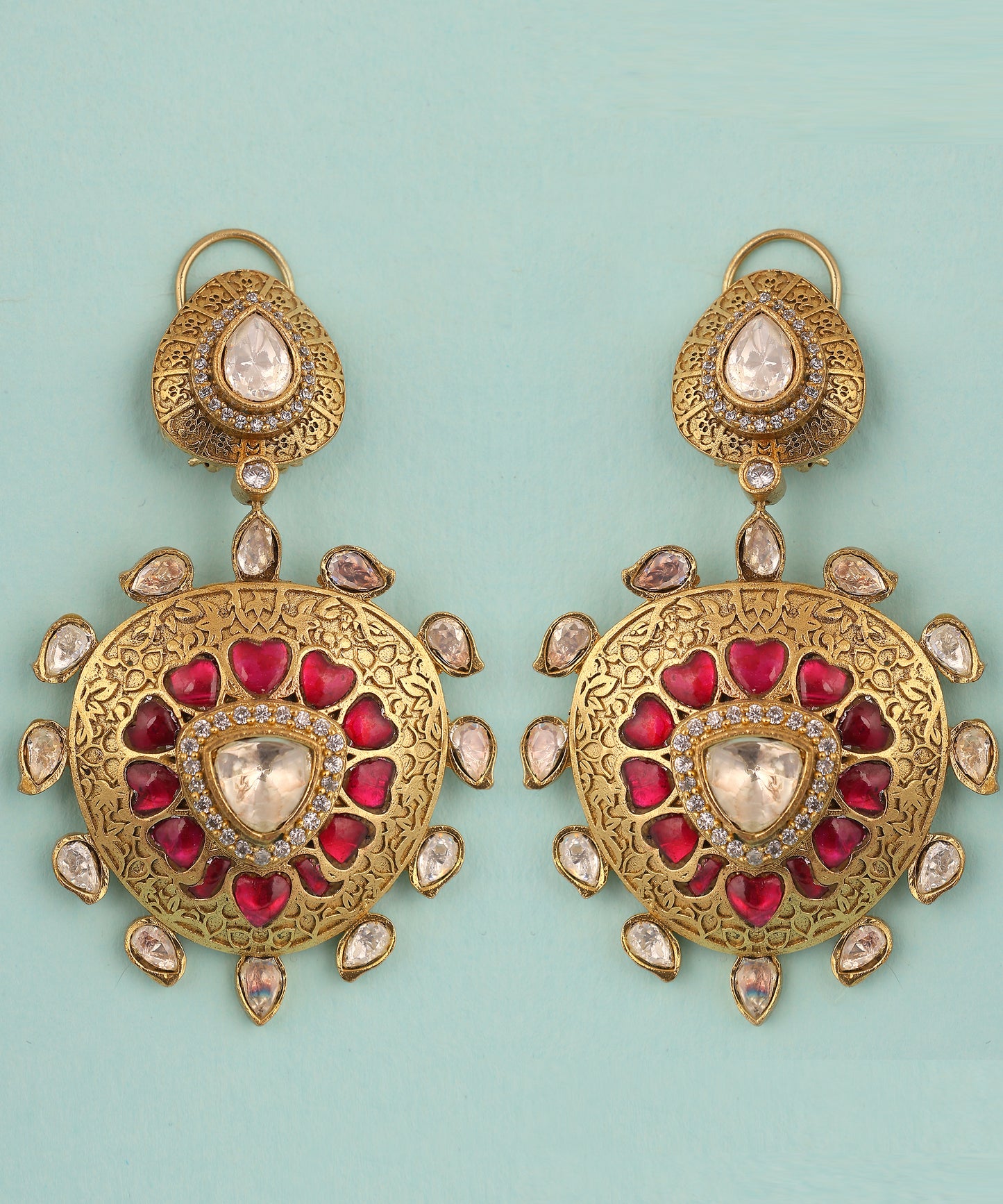 22K Gold Plated Polki And Ruby Stone Earrings