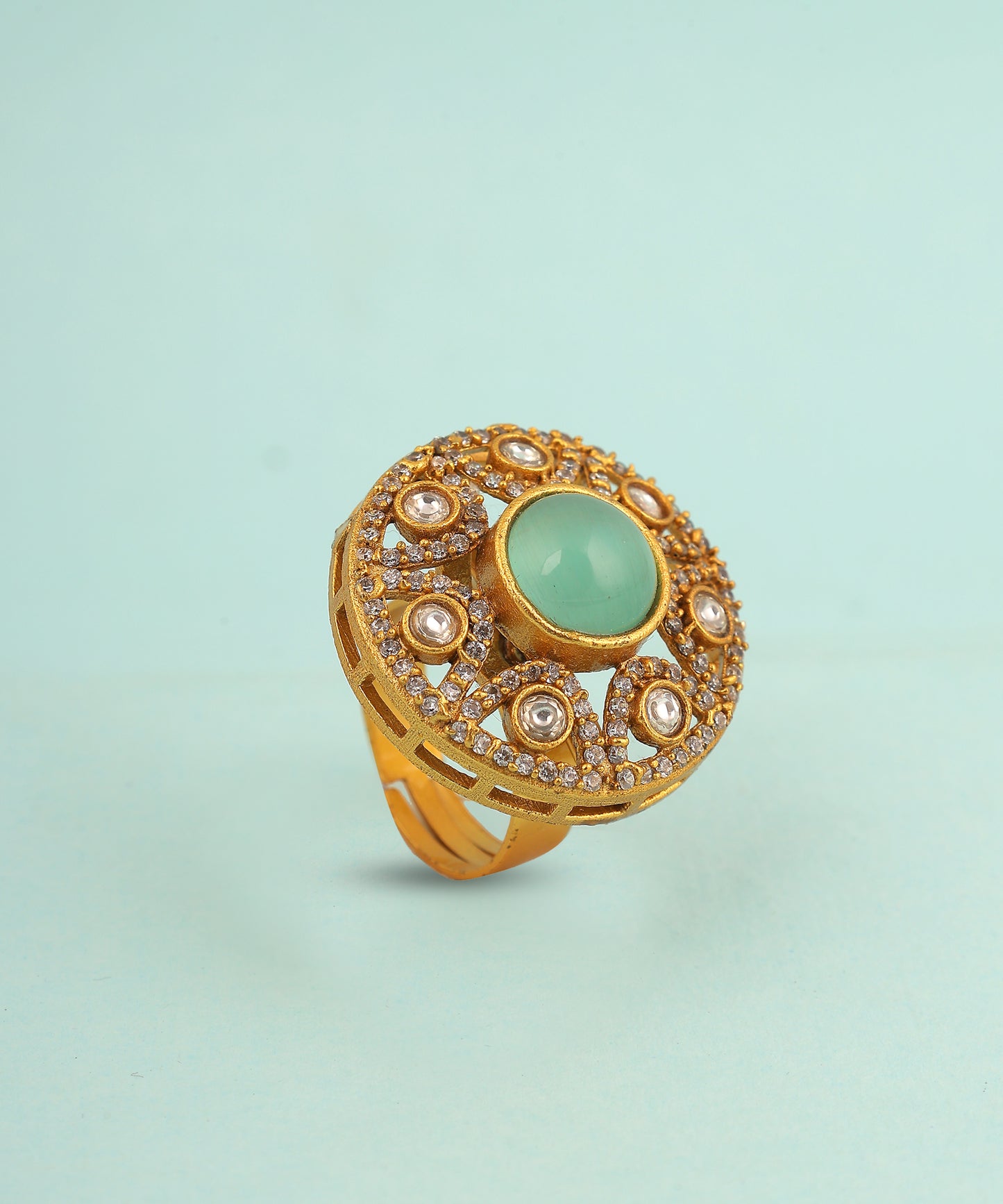 Circular Polki Ring With Statement Mint Green Stone