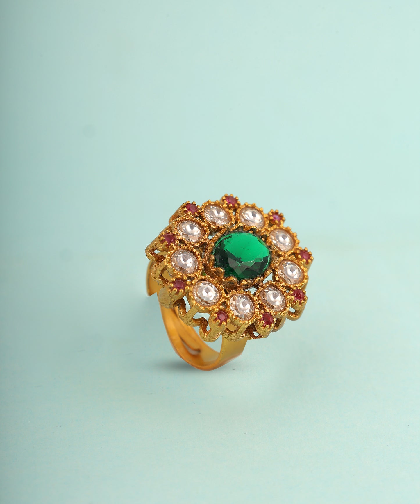 Ruby Stone Studded Polki Ring With Statement Emerald Stone