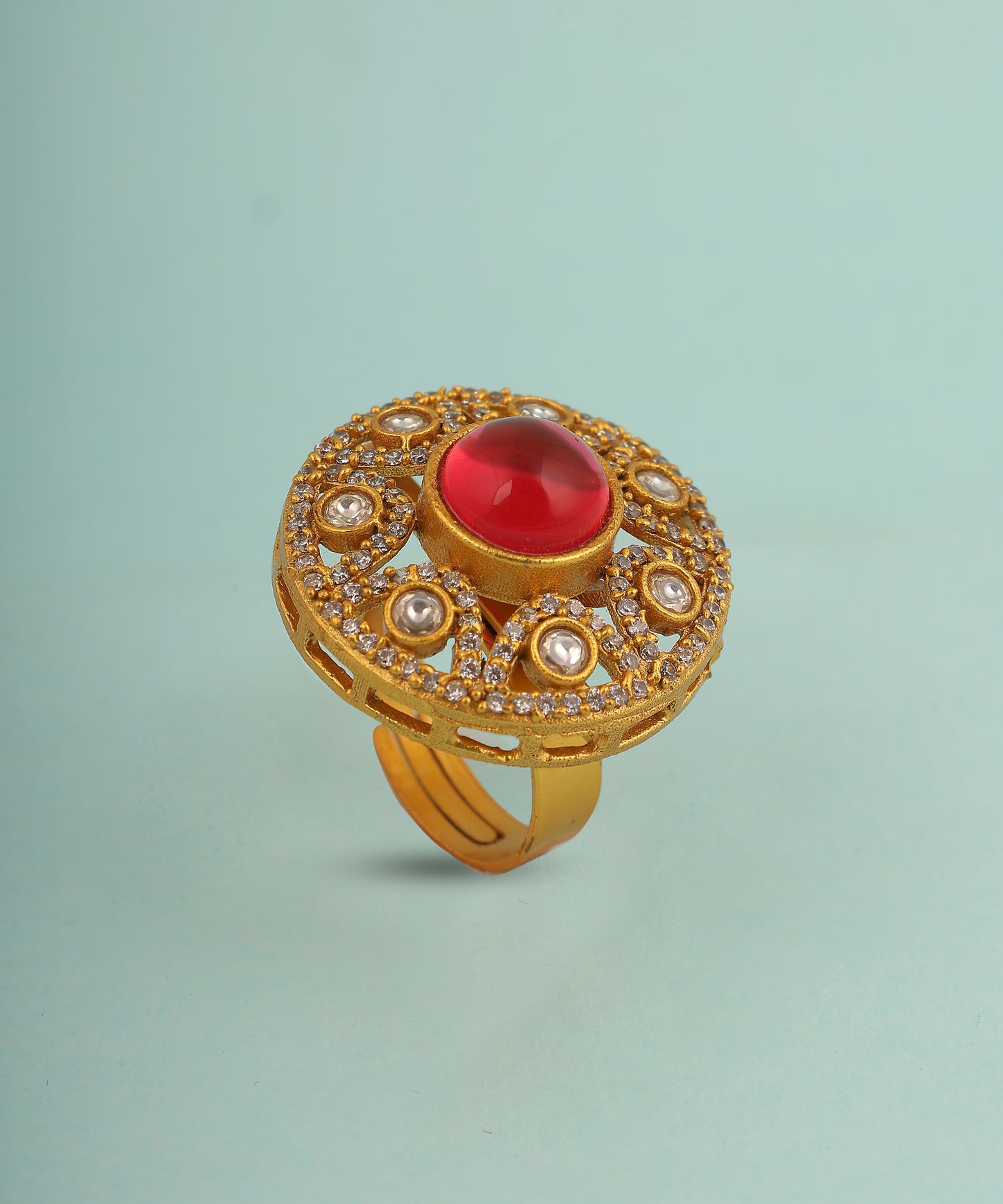 Circular Polki Ring With Statement Ruby Stone