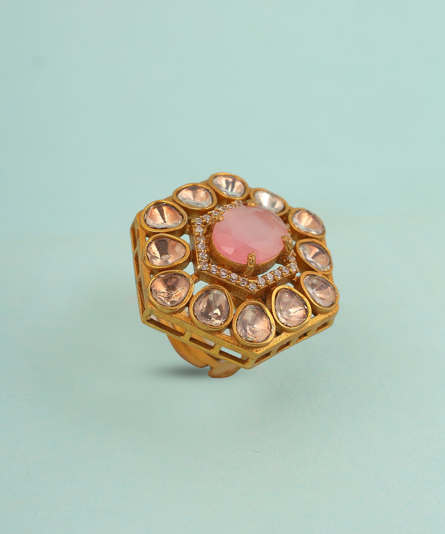 Hexagonal Polki Ring With Statement Baby Pink Stone