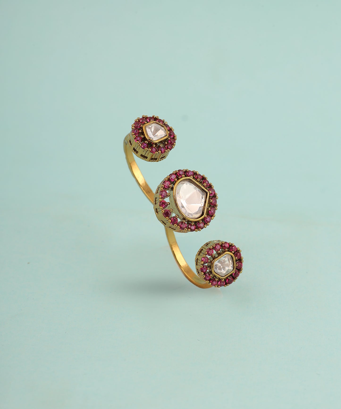 Double Finger Polki And Ruby Stone Ring