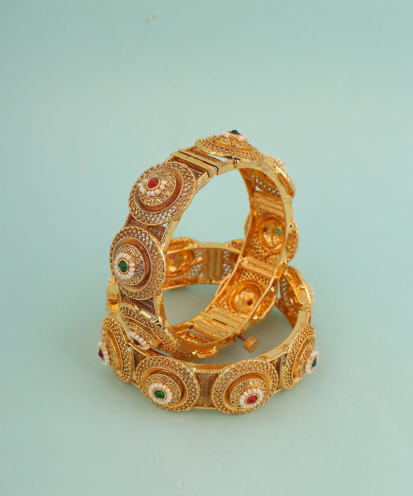 Multi Coloured Pearl Studded Gold Toned Bangles