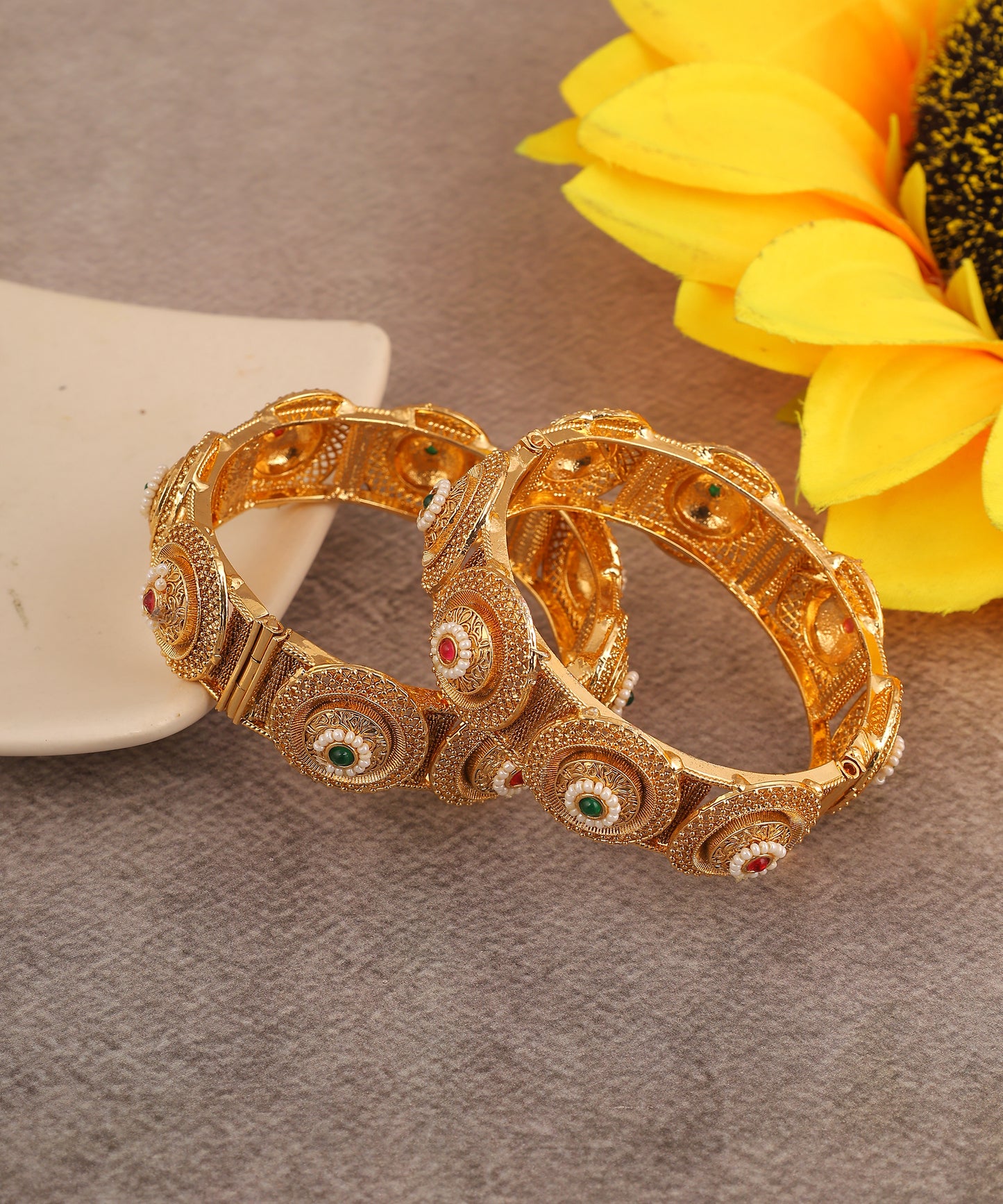 Multi Coloured Pearl Studded Gold Toned Bangles