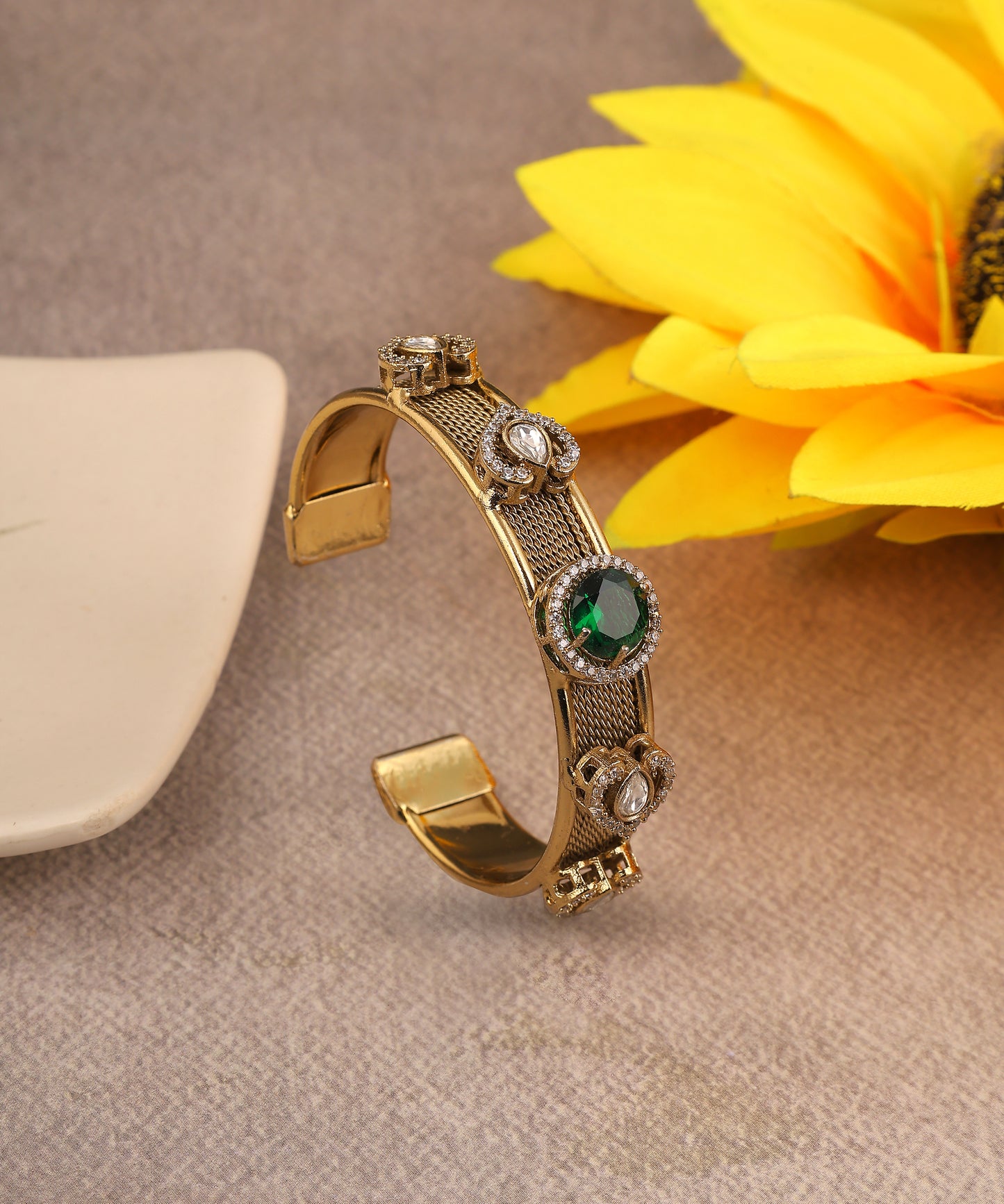 Oxidised Gold Polki And Emerald Studded Brass Bracelet