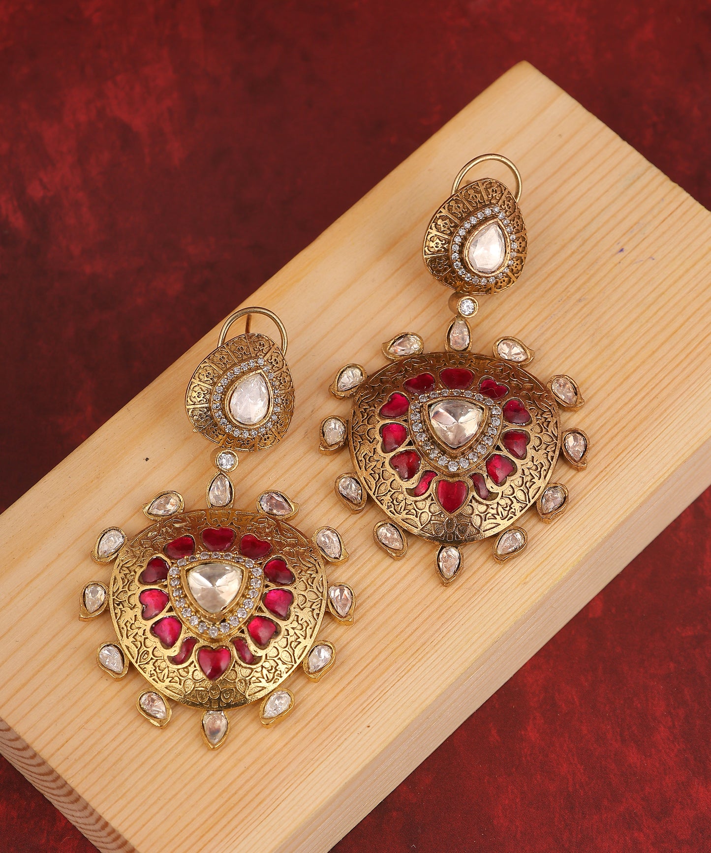 22K Gold Plated Polki And Ruby Stone Earrings