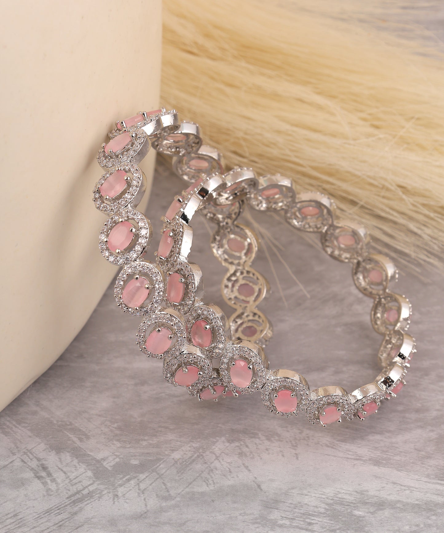 Crystal And Baby Pink Stone Studded Artificial Diamond Bangles
