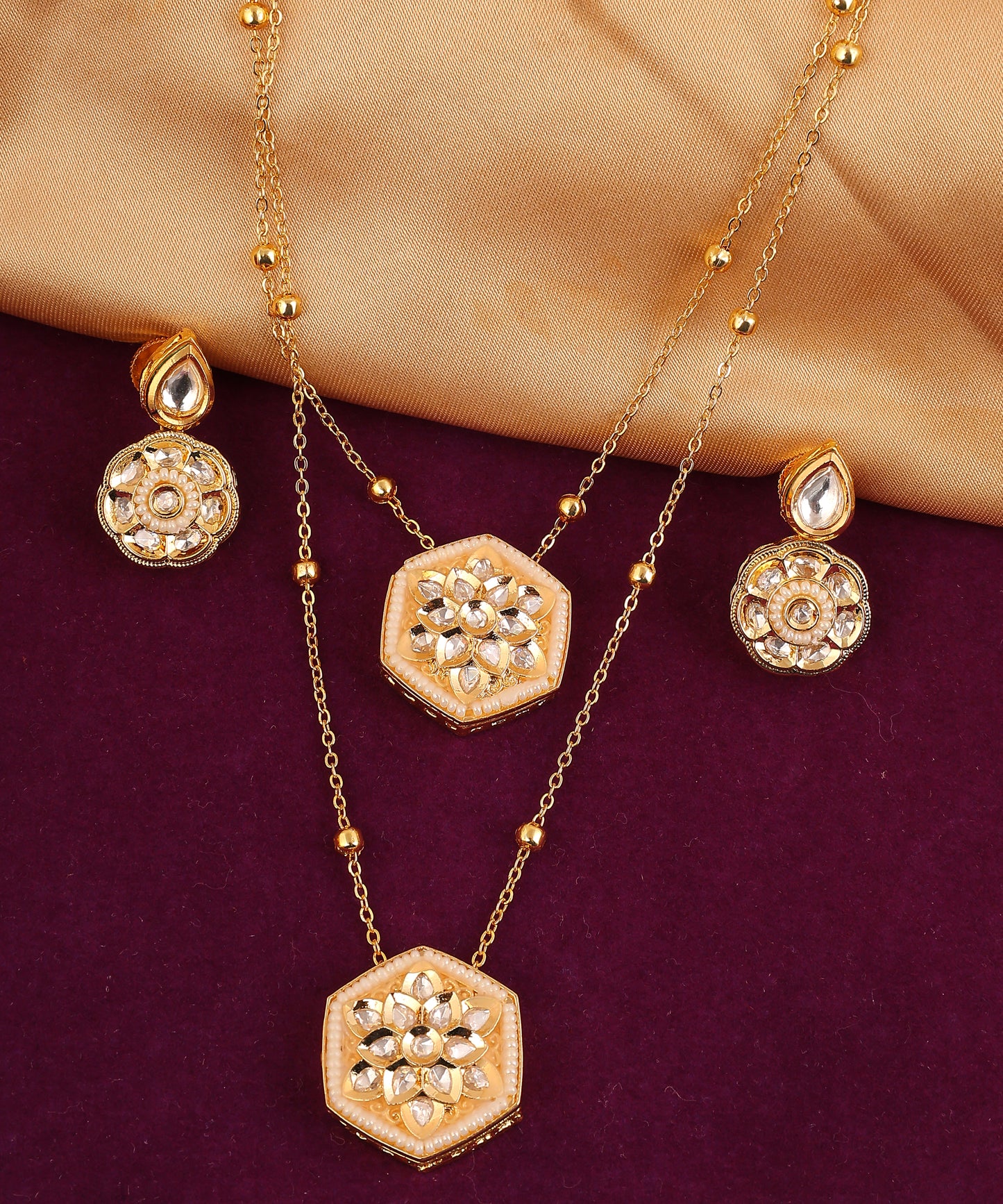 Double Chain Layered Kundan Pendant Necklace