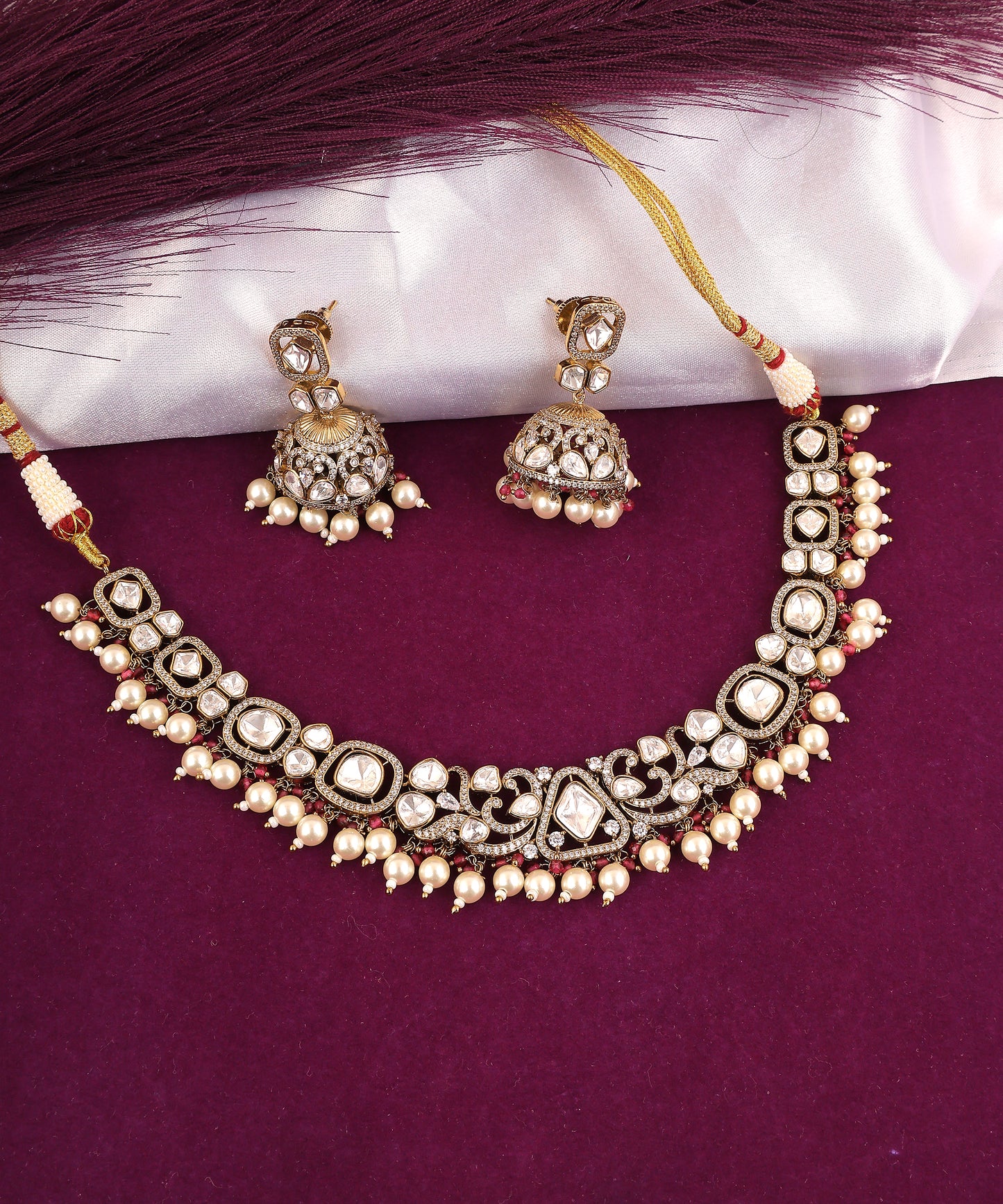 Rysa Necklace With Jhumkas Featuring Polkis, Pearl And Ruby Beads