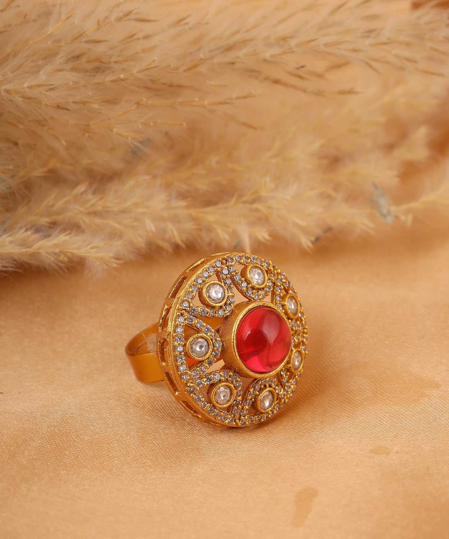 Circular Polki Ring With Statement Ruby Stone