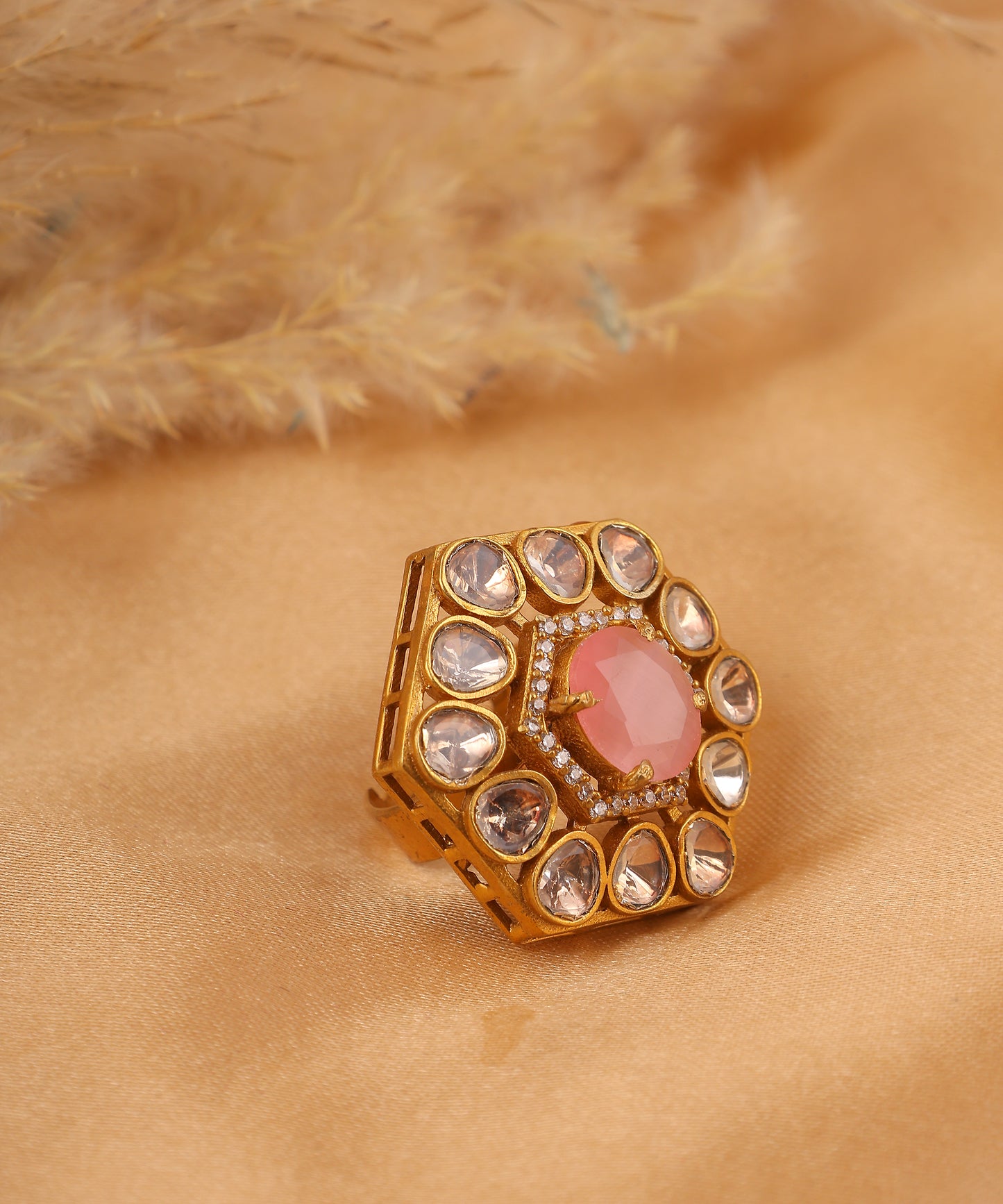 Hexagonal Polki Ring With Statement Baby Pink Stone