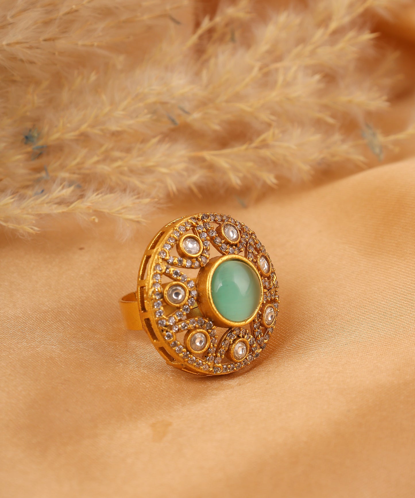 Circular Polki Ring With Statement Mint Green Stone